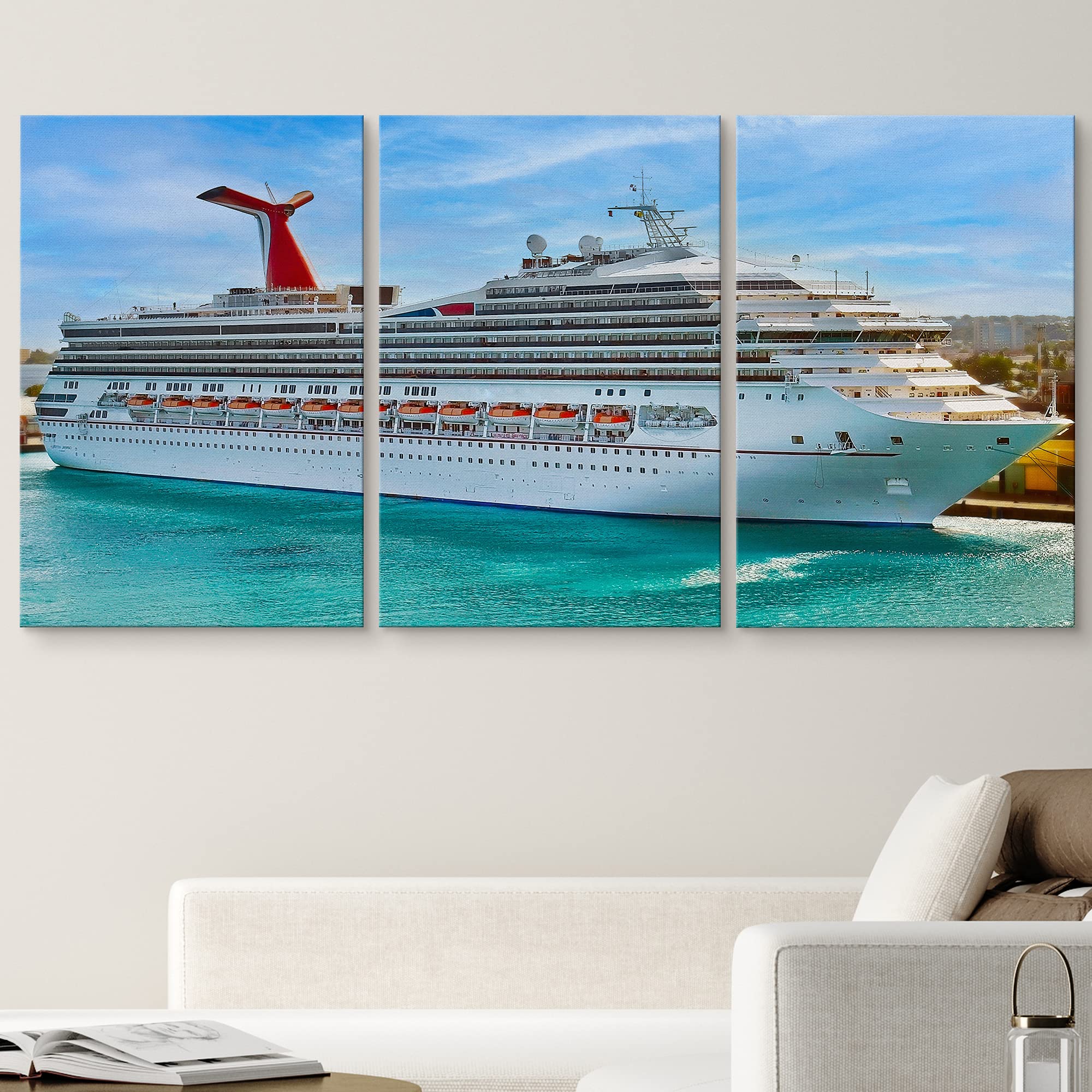 Wall26 Canvas Print Wall Art Set White & Red Cruise Ship In Coastal Dock Nature Ocean Photography Realism Nautical Scenic Colorf