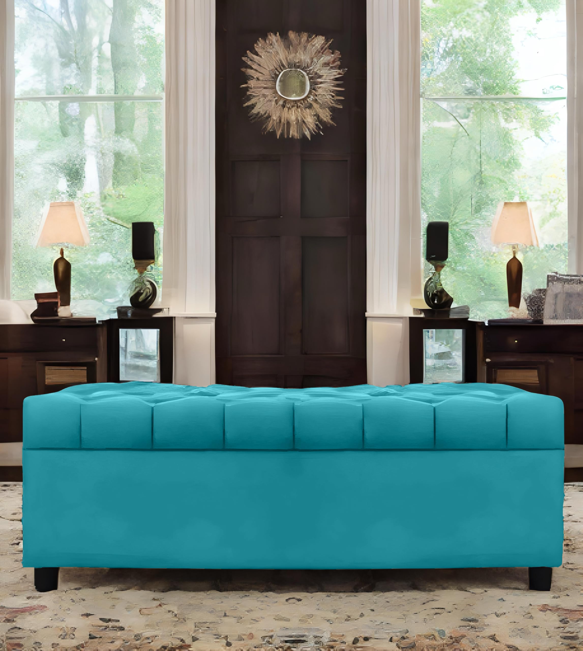 Amata Eagle 2 Seater Ottoman/Pouffe Sky Blue Suede Velvet Fabric Perfect For Home Living Office Room And Guests (Sky Blue 3, 2 S