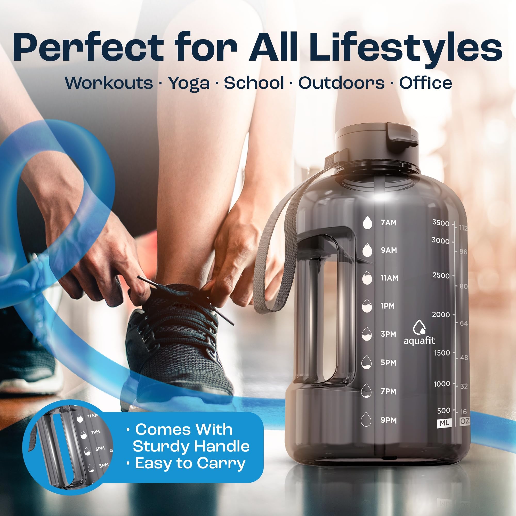 AQUAFIT 1 Gallon Water Bottle with Time Marker - Straw & Chug Lid - BPA Free Gym Water Bottle with Straw - Big Gallon Jug (Nebul