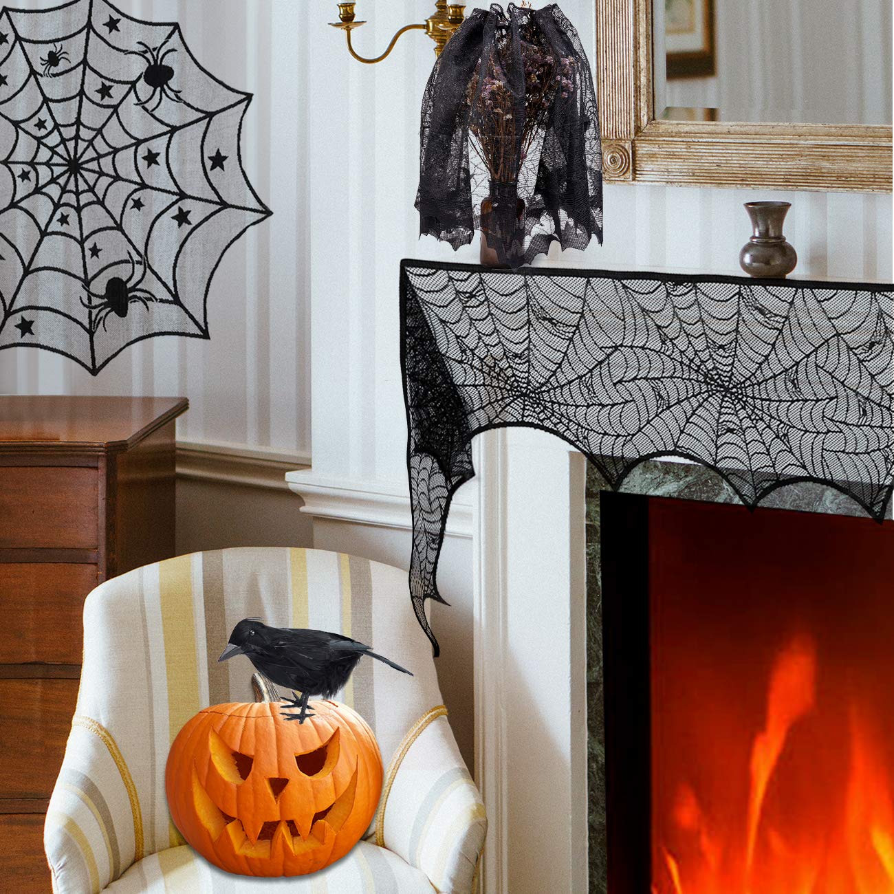 Sunnyglade 8 Pack Halloween Spider Cobweb Lace Tablecloth Set,Fireplace Mantel Scarf & Lace Table Runner & Round Table Cover & S