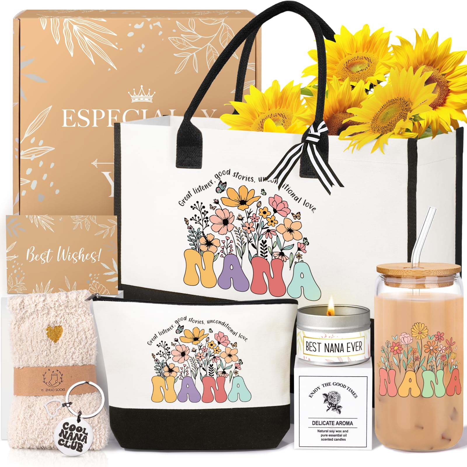 Nana Gifts for Women Birthday Mothers Day Gifts Set from Granddaughter Grandson Grandchildren, 16 Oz Glass CupCanvas Tote Bag Gi