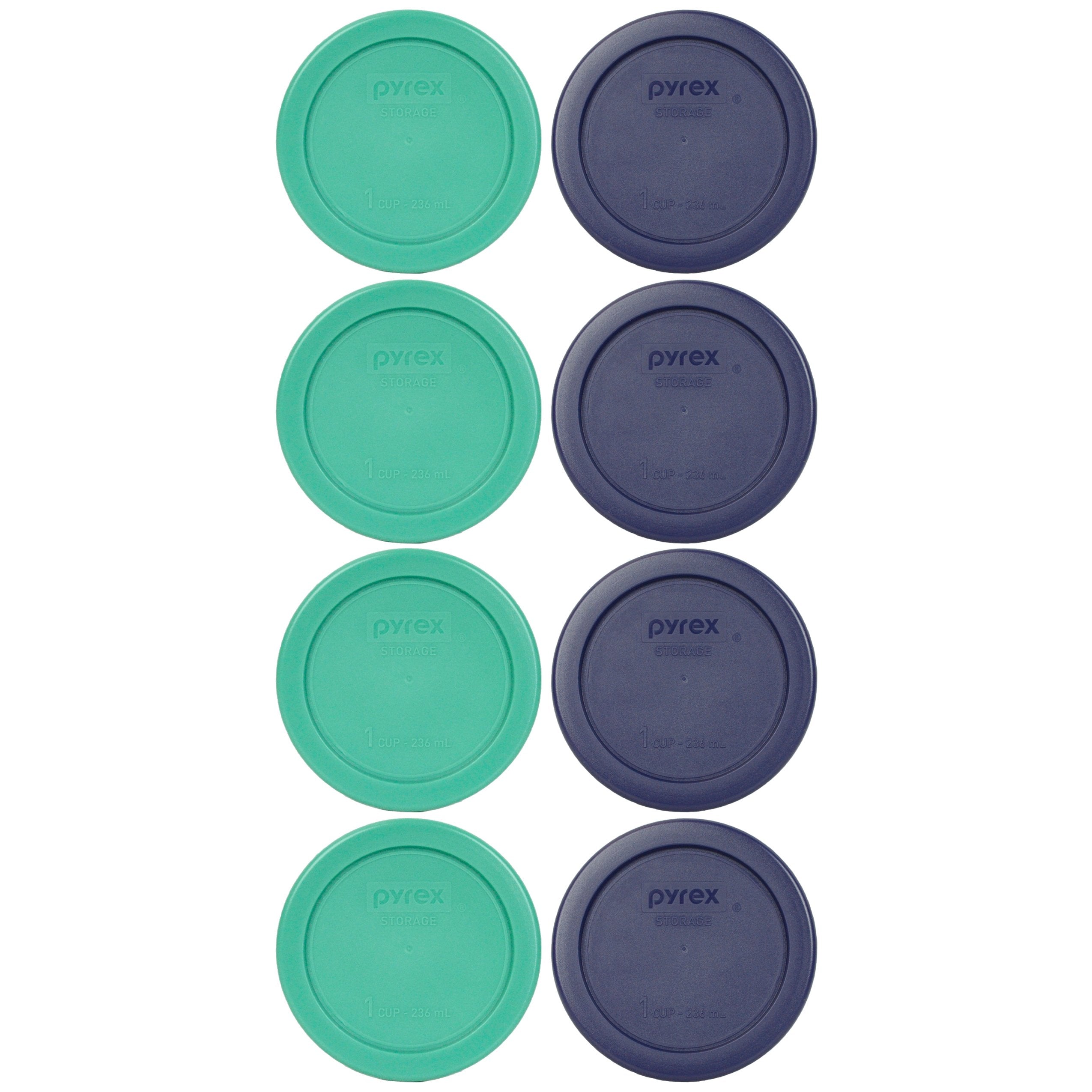 Pyrex 7202-Pc 1-Cup (4) Green & (4) Blue Plastic Food Storage Lids, Made In Usa