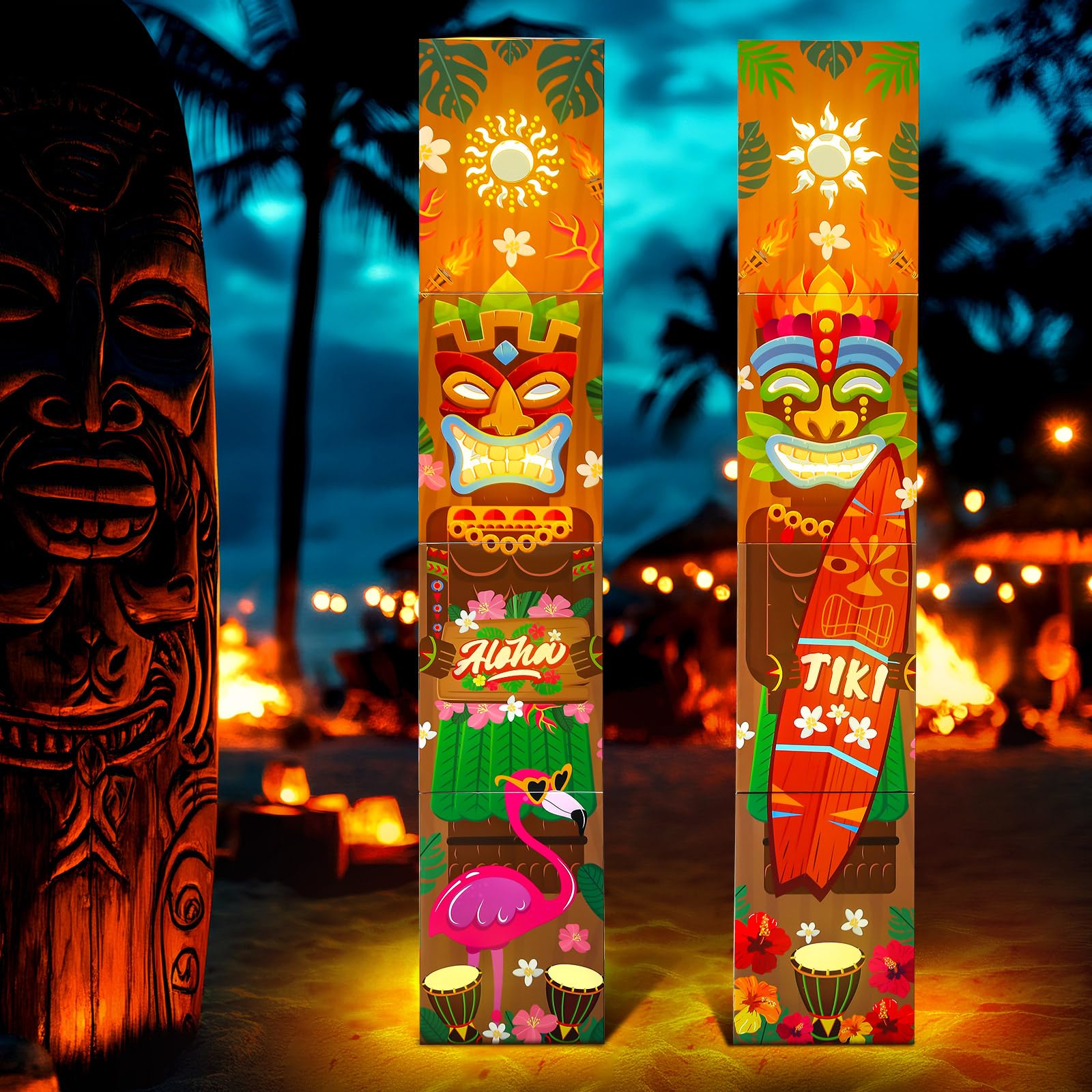 AmazingSpark 8 Pcs Tiki Totem Box Decor with Light Hawaiian Luau Party Decorations Tropical Aloha 7.87 x 7.09 Lighted Gift Boxes