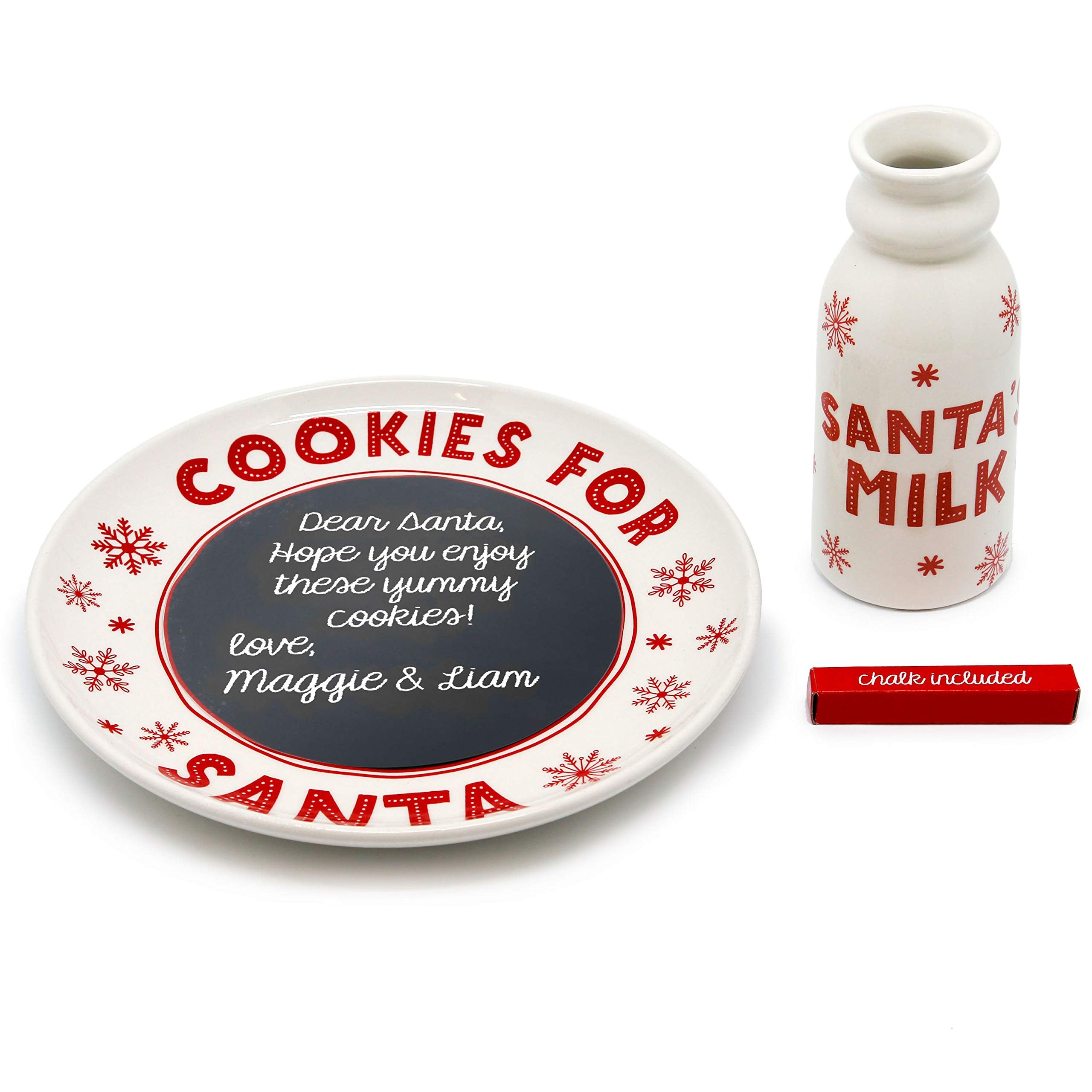 Tiny Ideas Holiday Santas Cookie and Milk Plate and Cup, Chalkboard Personalized Message with Included Chalk, Gift for Kids, Chr