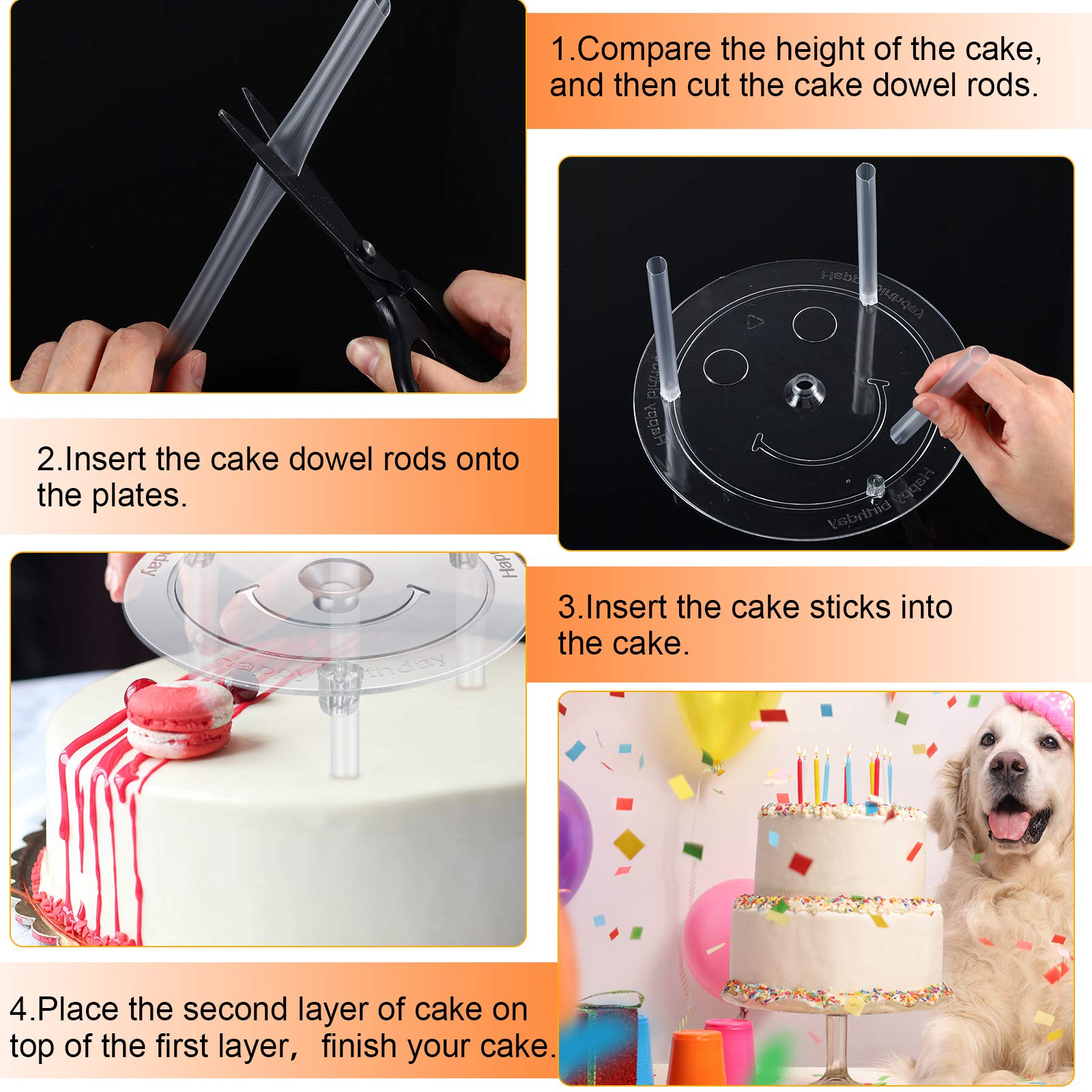 Cake Dowel Rods Set 20 Pieces Plastic Cake Sticks Support Rods With 4 Cake Separator Plates For 4, 6, 8, 10 Inch Cakes And 12 Cl