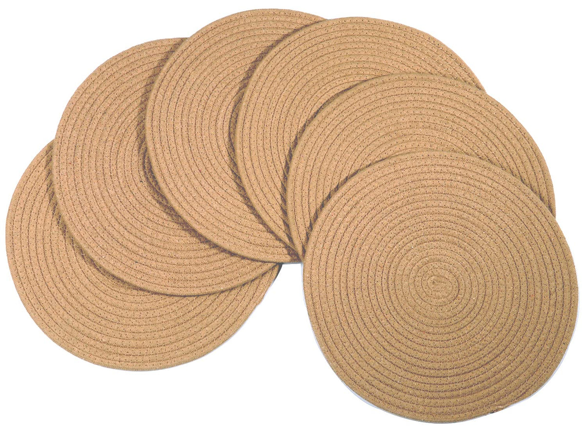 Wenfome 6 Pack Round Woven Placemats,13.8 Inch Plate Chargers Brown Cotton Thick Place Mats Cotton Rope Braided Tablemats Rattan