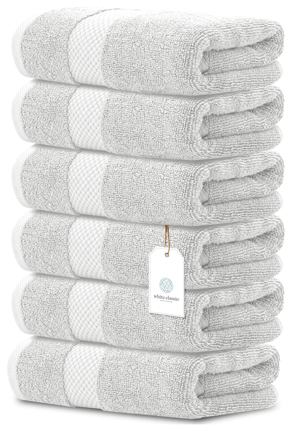White Classic Luxury Hand Towels | Cotton Hotel Spa Bathroom Towel | 16X30 | 6 Pack | Silver