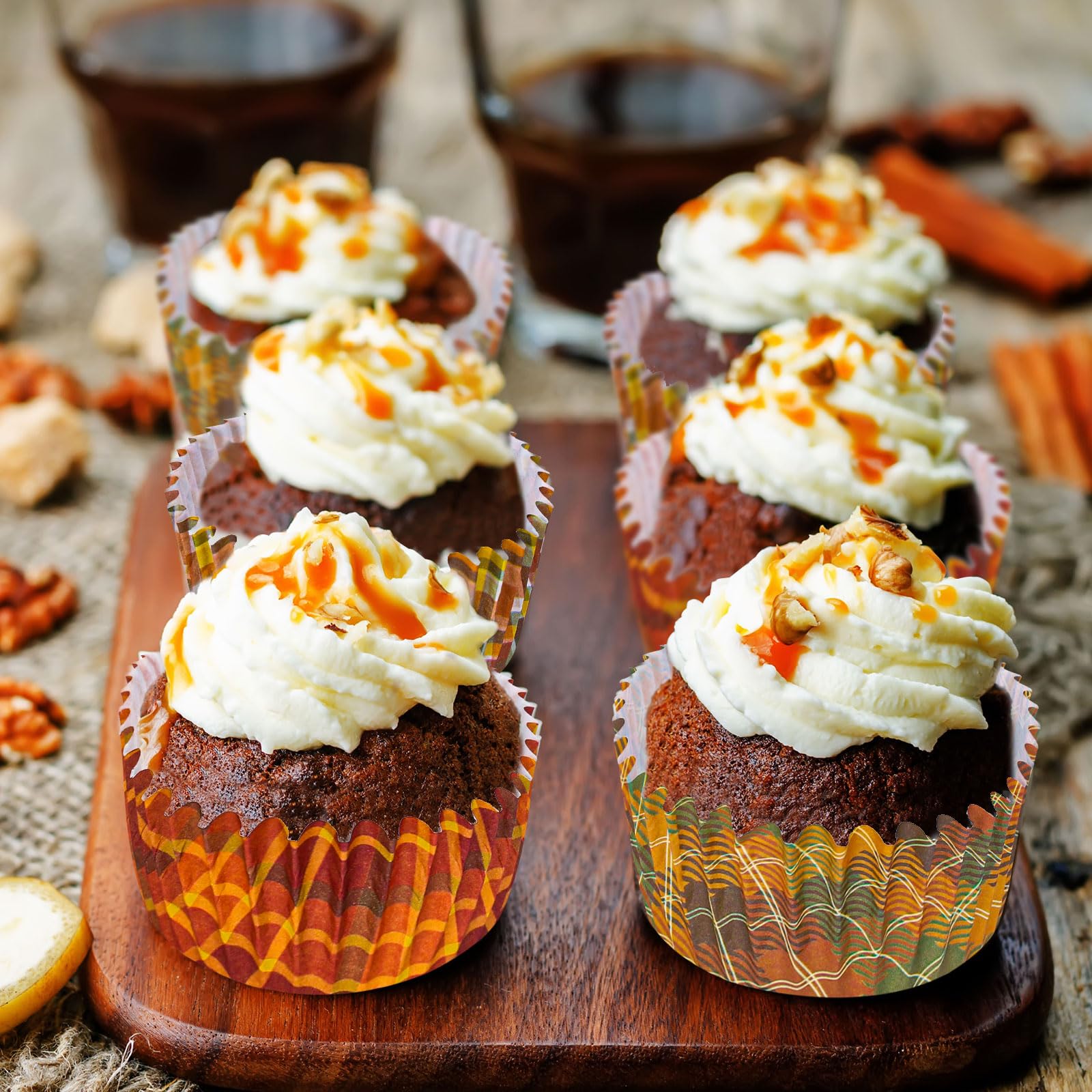 Whaline 600Pcs Fall Thanksgiving Cupcake Liners Plaid Baking Cups Autumn Muffin Baking Liners For Birthday Party Fall Themed Par