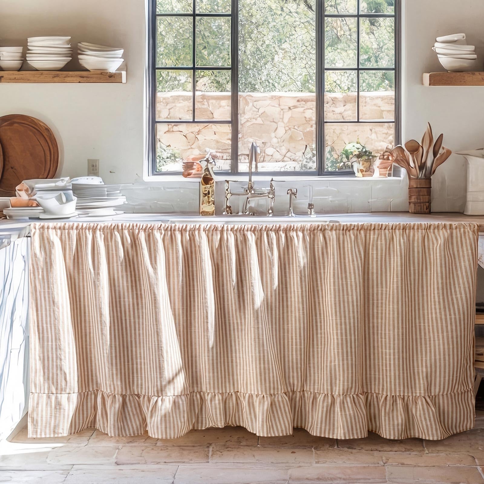 VitalCozy Cabinet Curtain 28 W x 51 L Sink Skirt for Bathroom Kitchen Brown Stripes Ruffles Short Curtain for Home Classroom Far