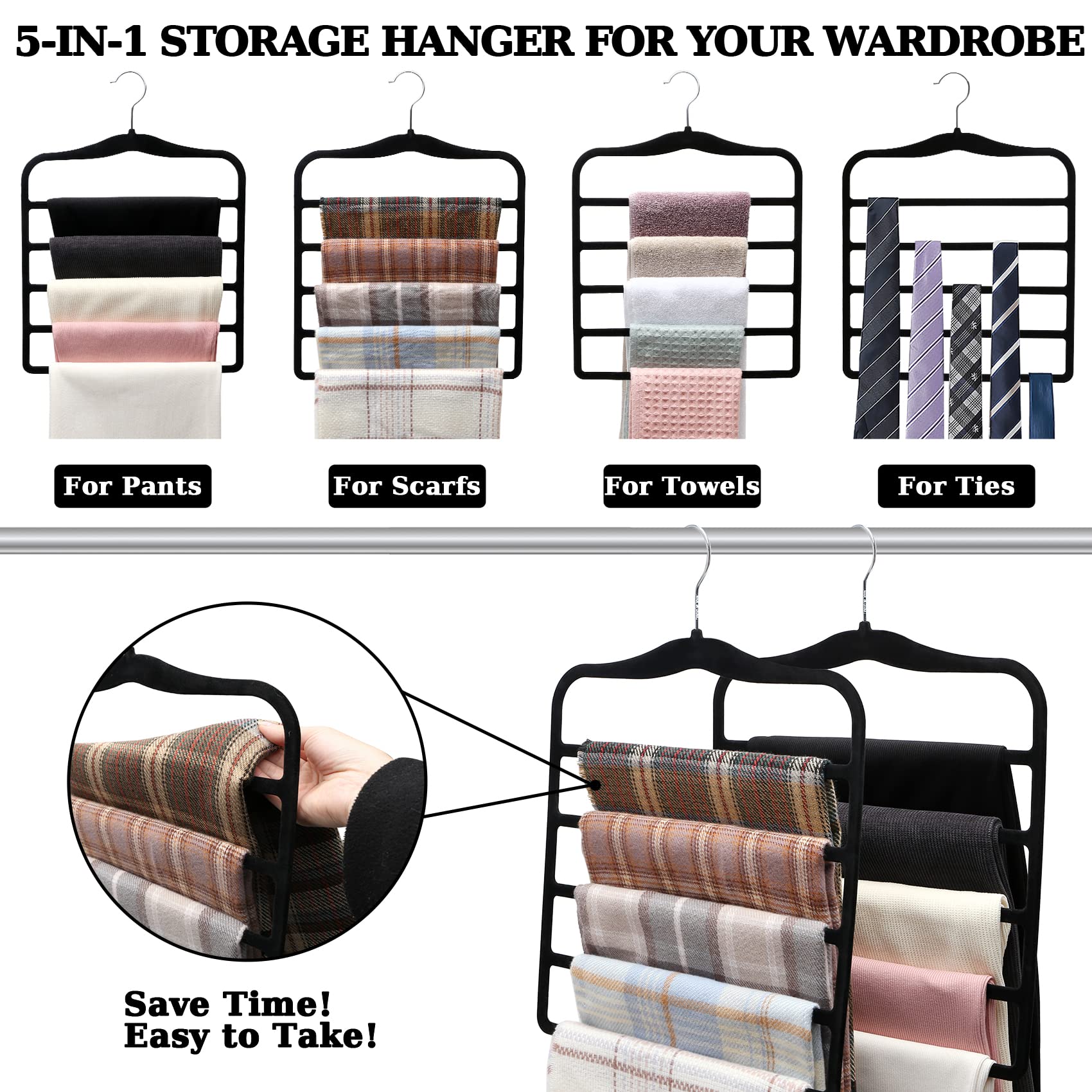 Closet Organizers and Storage 5 Pack Velvet Pants-Hangers-Space-Saving Non Silp 5 Tier Scarf Jeans Closet Organizer Dorm Room Essentials for College Students Girls Boys Guys Organization and Storage