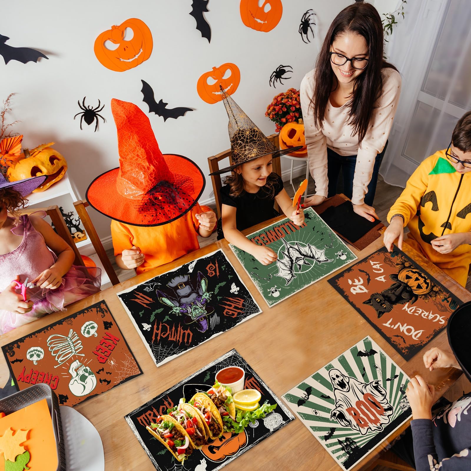 Halloween Placemats Set Of 6 Vintage Plastic Table Mats Black Cat Place Mats Washable Ghost Witch Bat Rectangle Skull Table Deco