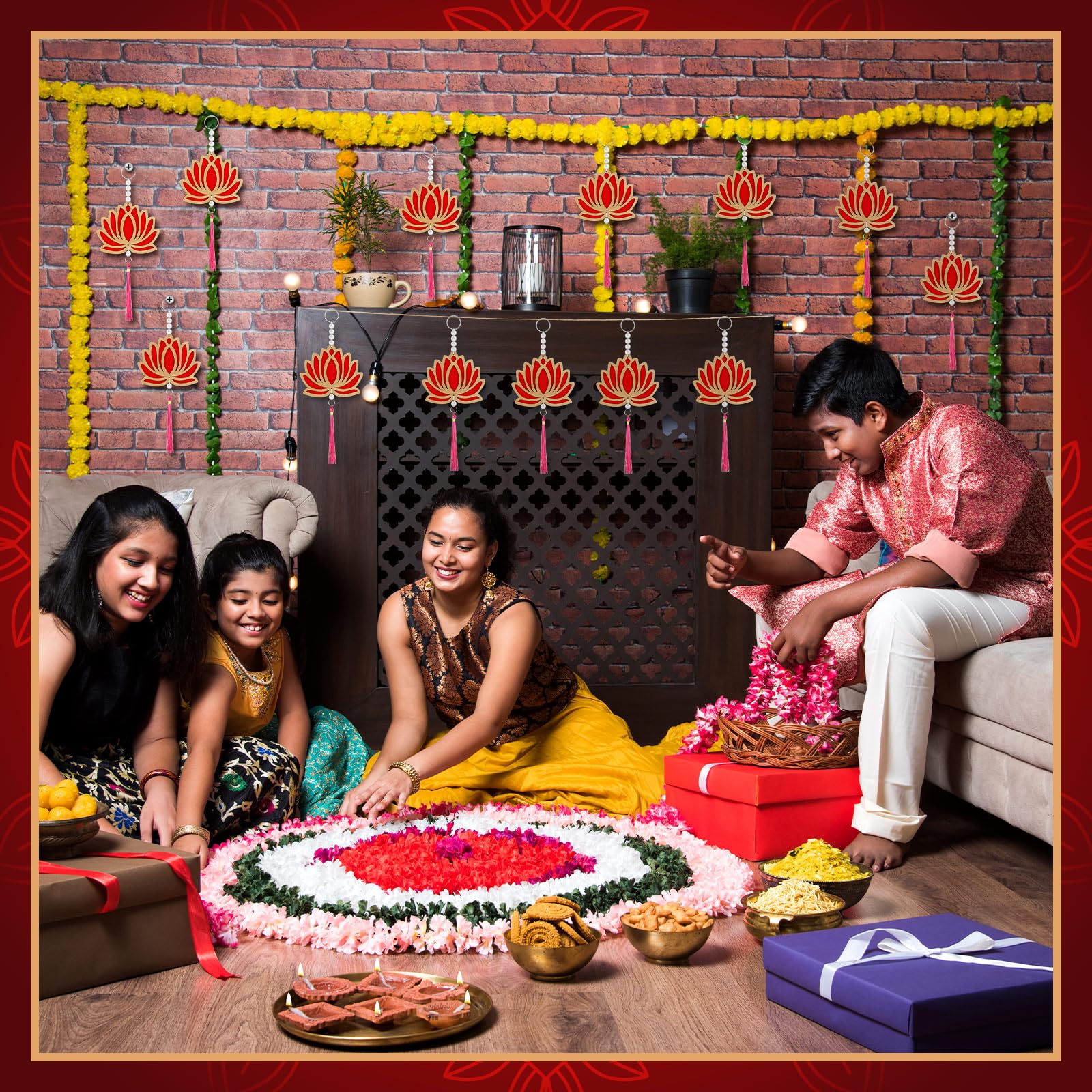 Wonderjune 10 Pcs Lotus Decorations for Pooja Diwali Floral Wall Hanging Garlands for Temple Decor Indian Pooja Wood Decoration