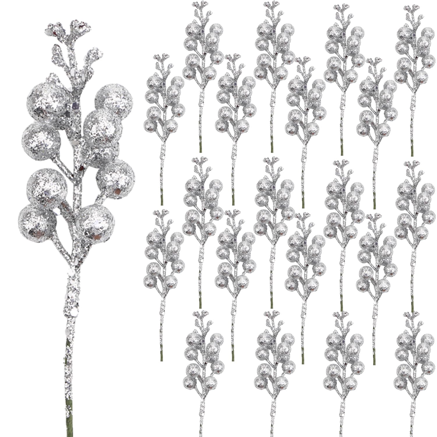 DIYASY Silvery Berry Stems for Christmas Tree Ornaments,20 Pcs 7.8 Inch Artificial Glitter Christmas Tree Picks,DIY Xmas Wreath,