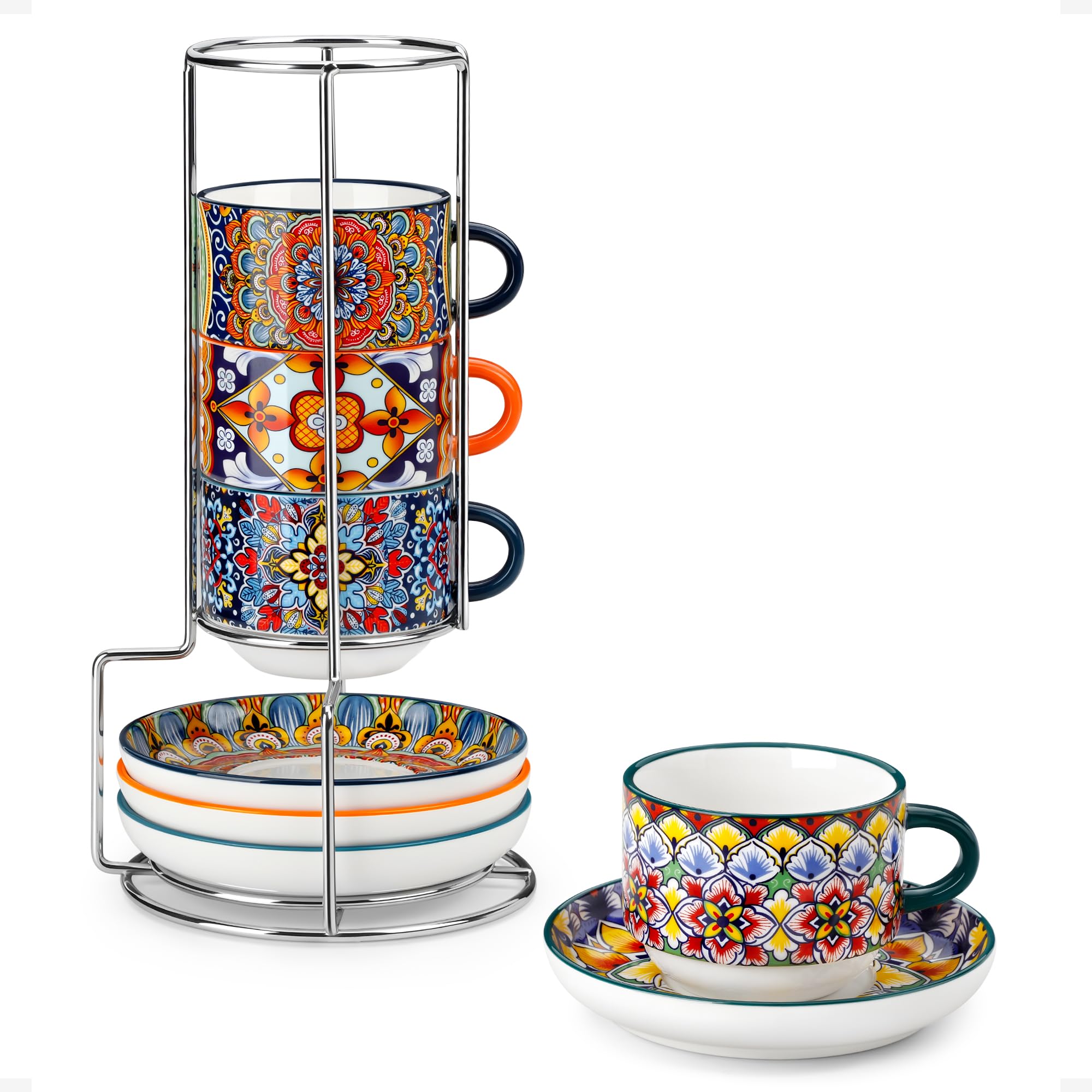 vancasso 8 Oz Espresso Cup Set of 4, Bohemian Ceramic with Stand