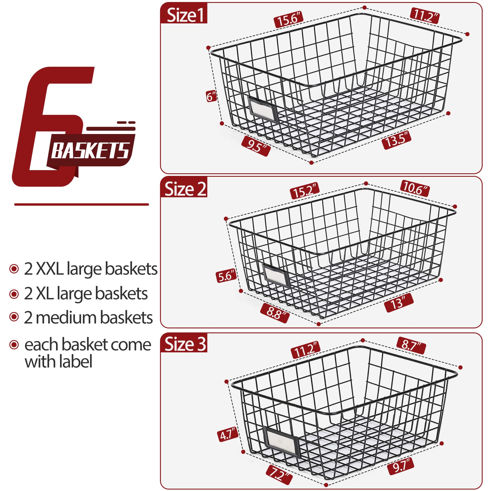 6 Pack [ Extra Large ] Wire Storage Baskets for Organizing with Lables  Pantry Organization Bins for Cabinets - Metal Basket for Kitchen  Laundry  Garage  Fridge  Bathroom Countertop Organizer  Black