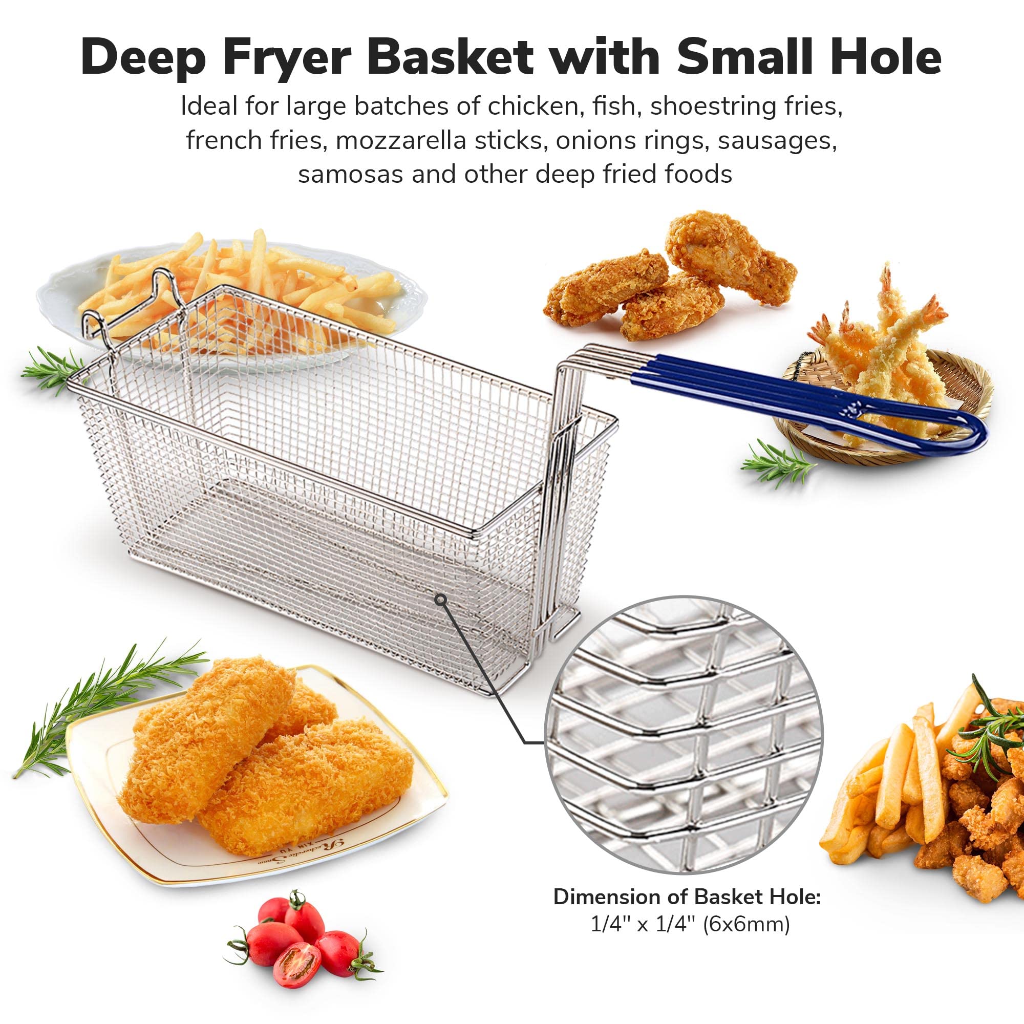 2Pcs Deep Fryer Basket With Non-Slip Handle Heavy Duty Nickel Plated Iron Construction 13 1/4'' X 6 1/2'' X 6'' Commercial Use