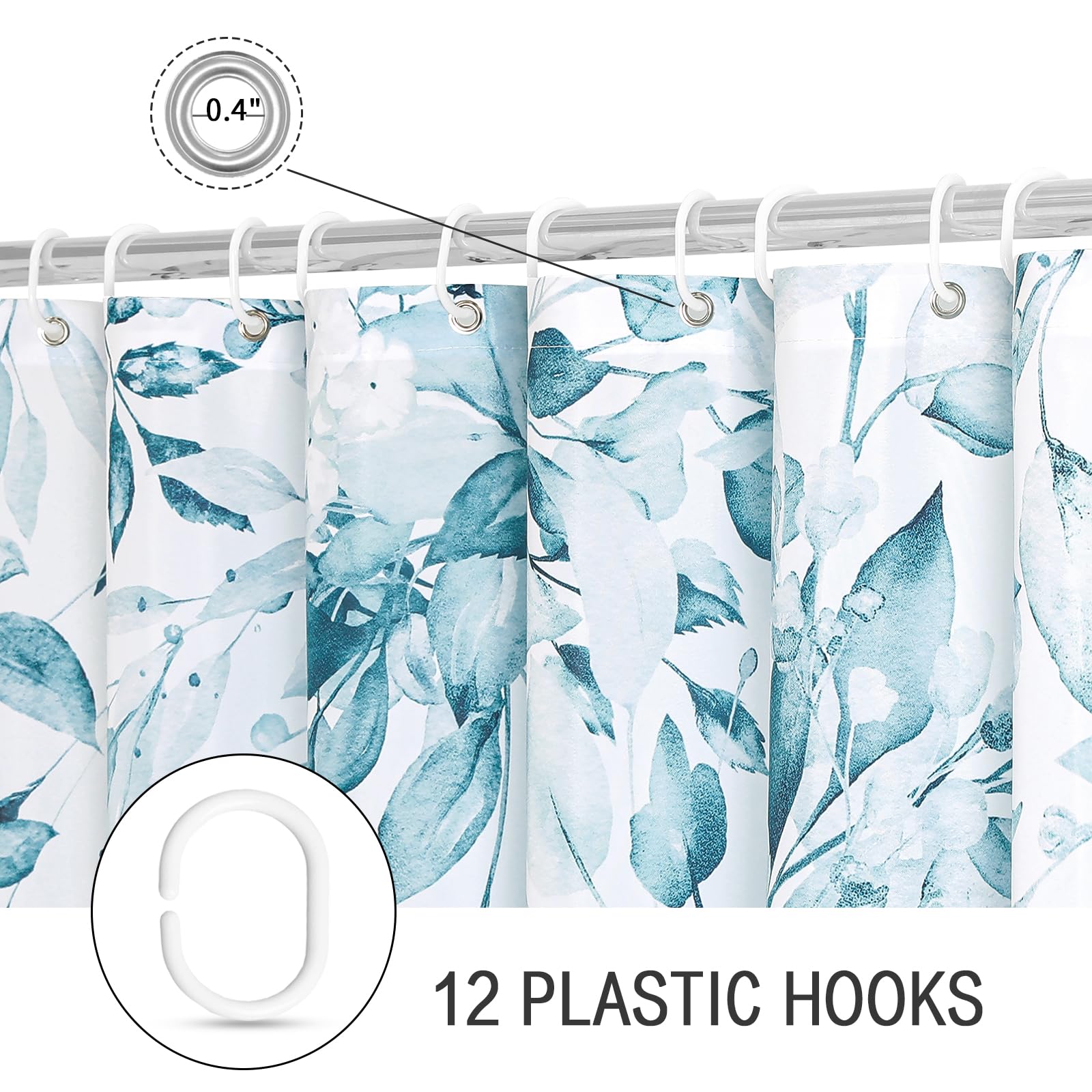Gibelle Spa Blue Eucalyptus Shower Curtain, Watercolor Plant Leaves With Floral Bathroom Shower Curtain Set With Hooks, 72X72