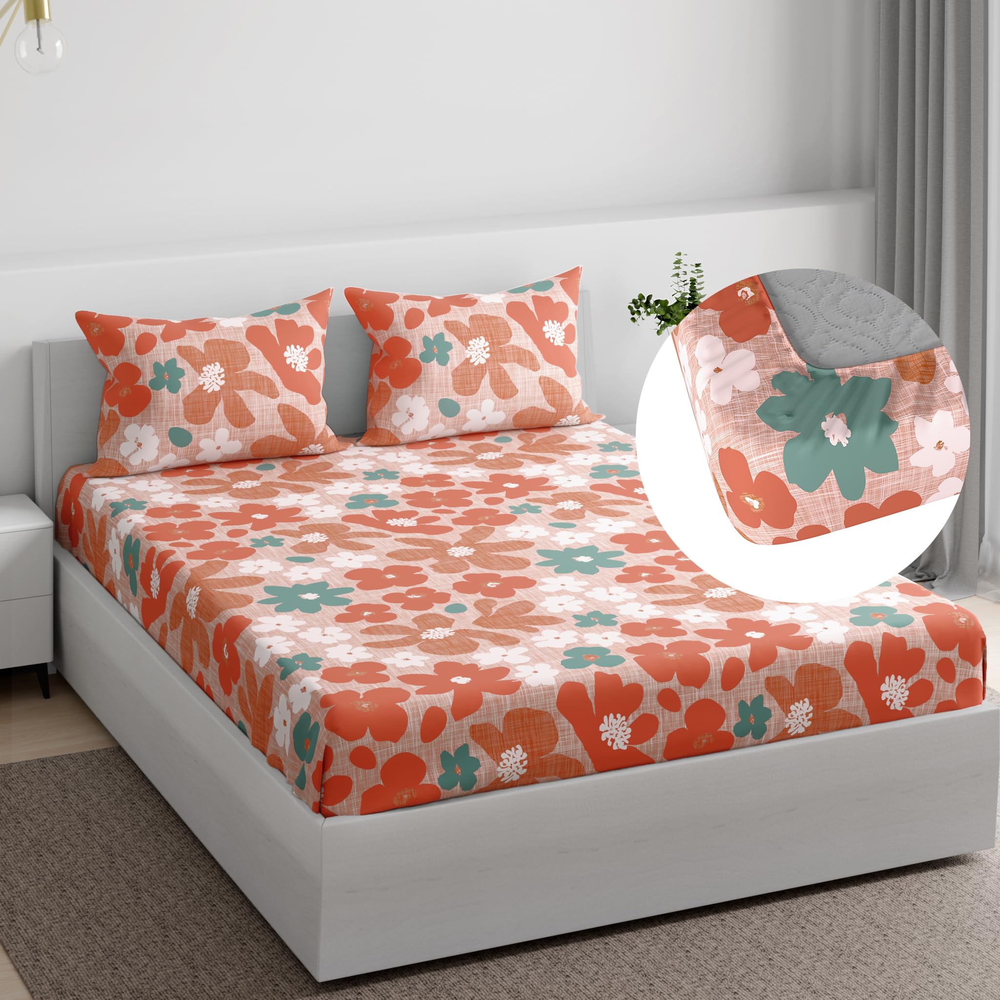 Wakefit Essentials 100% Cotton Super Soft Fitted Bedsheet With 2 Pillow Covers | Kesia Queen, 72 X 60, Kesia | 1.83M X 1.52M