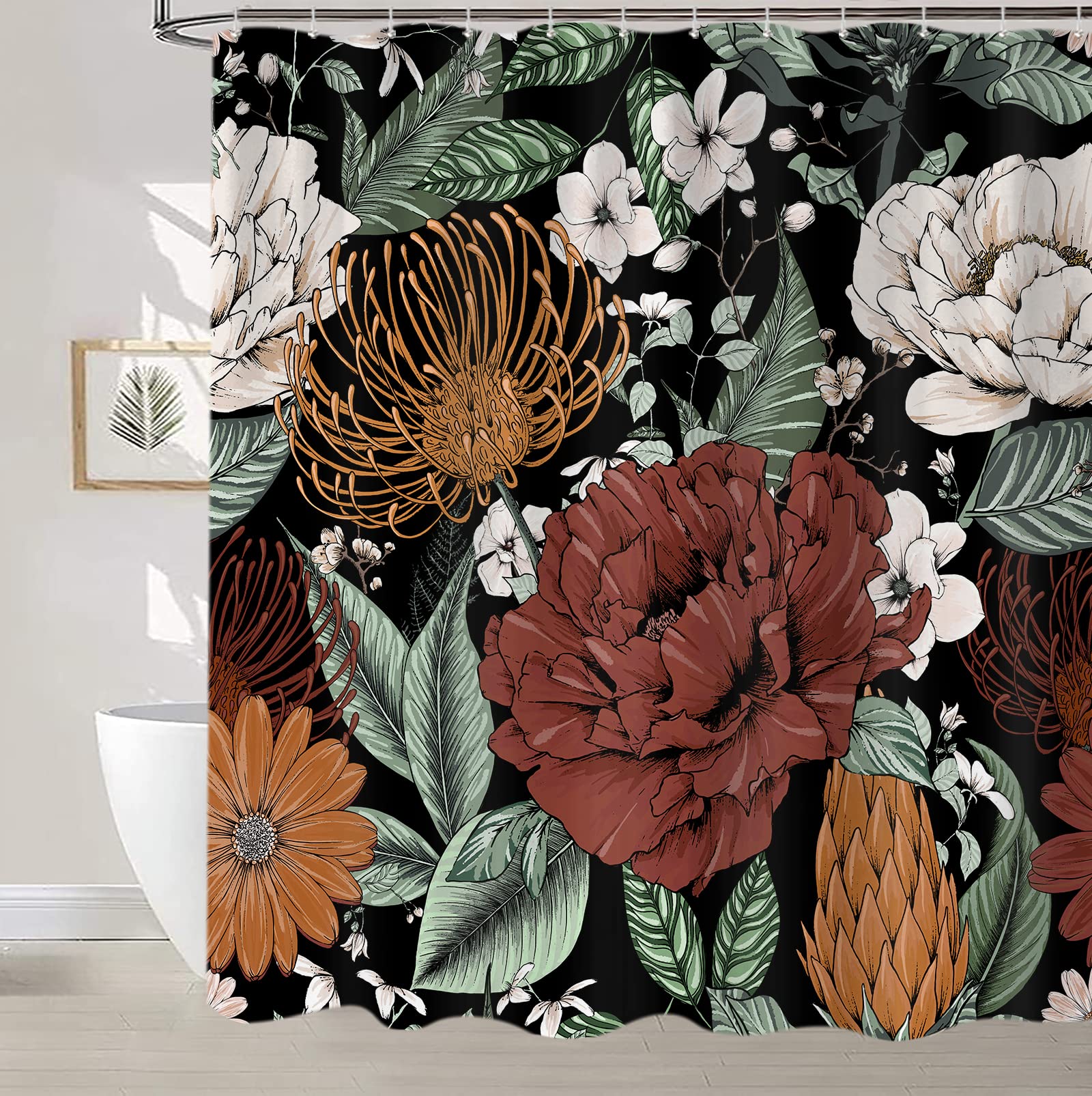 Sanzugh Boho Floral Shower Curtain, Pretty Vintage Bohemian Flower Botanical Leaves Fabric Shower Curtains Set For Bathroom Deco