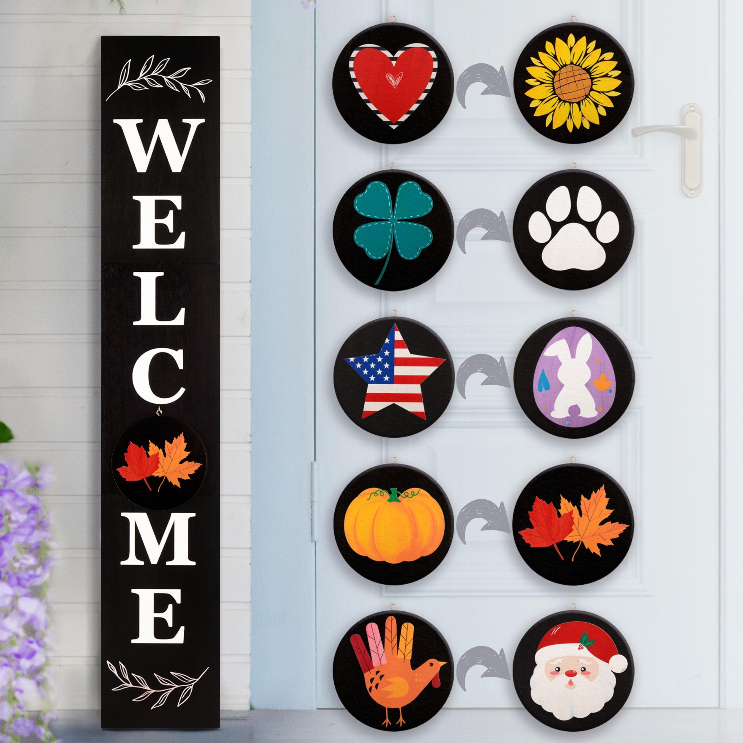 Welcome Sign for Front Door, 47 x 7.9 Wooden Sign with 10 Interchangeable Icons for Porch Standing, Farmhouse Seasonal Decor (Bl