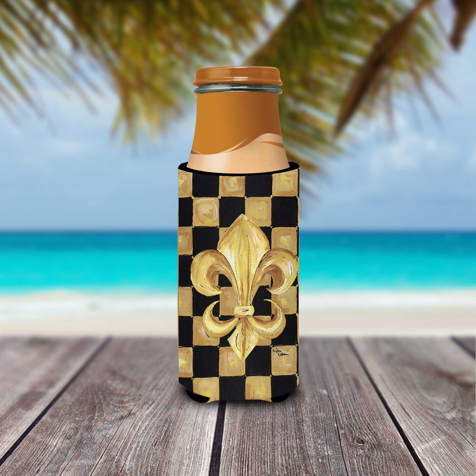 Black Gold Checkered Flag Fleur de lis Ultra Beverage Insulators for slim cans 8197MUK