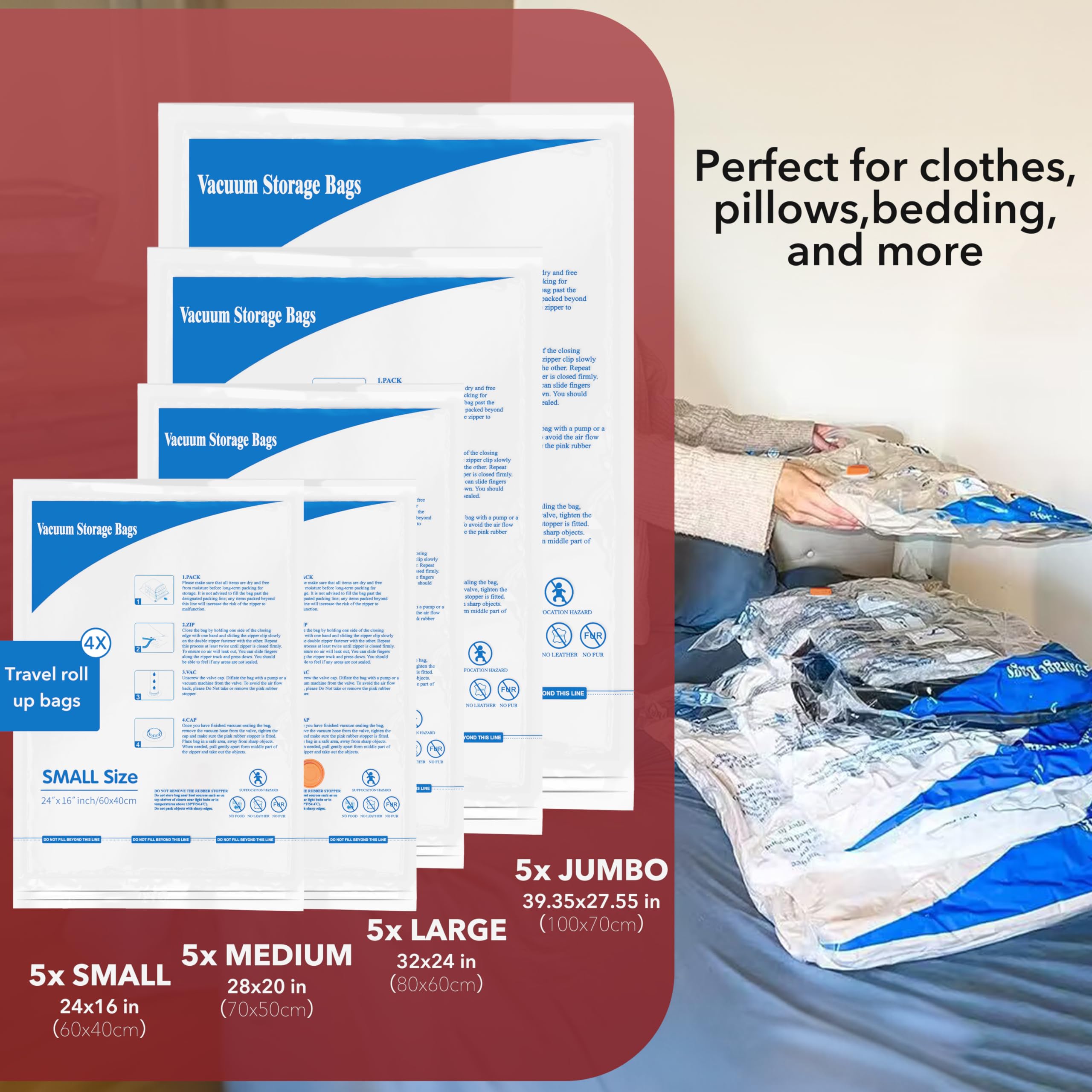 24 Pack Vacuum Storage Bags with Electric Air Pump 5 jumbo  5 large  5 midium  5 small and 4 roll bags