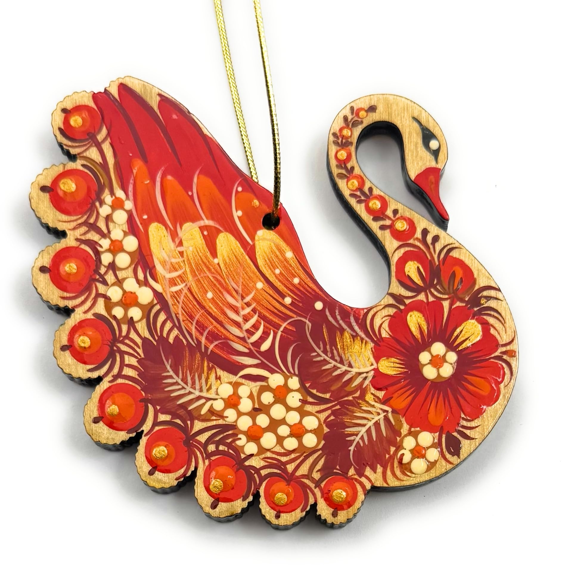 Tree Ornament Swan Wooden Handcrafted Petrykivka Painting Ukrainian Christmas Decoration 3.5 x 3.5 x 0.2