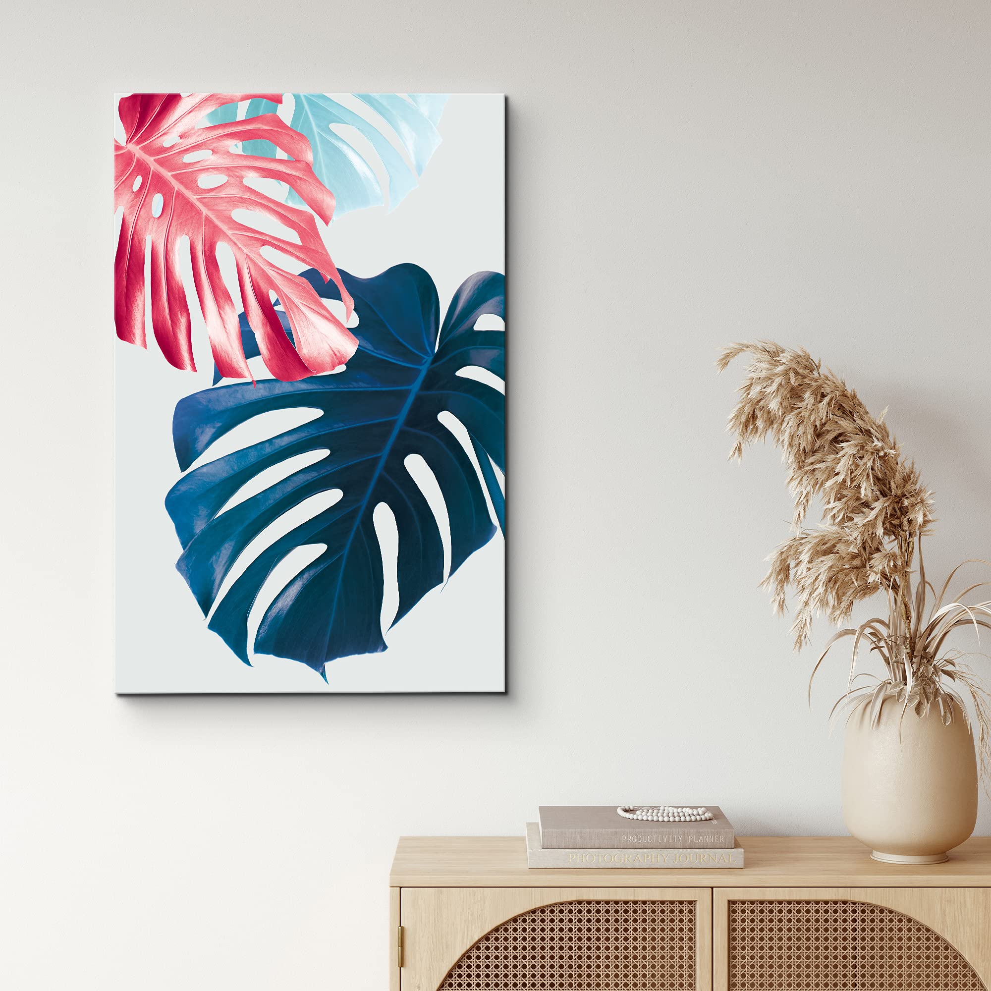 Nwt Canvas Print Wall Art Blue, Red & Teal Monstera Leaf Collage Floral Plants Illustrations Modern Art Tropical Closeup Colorfu
