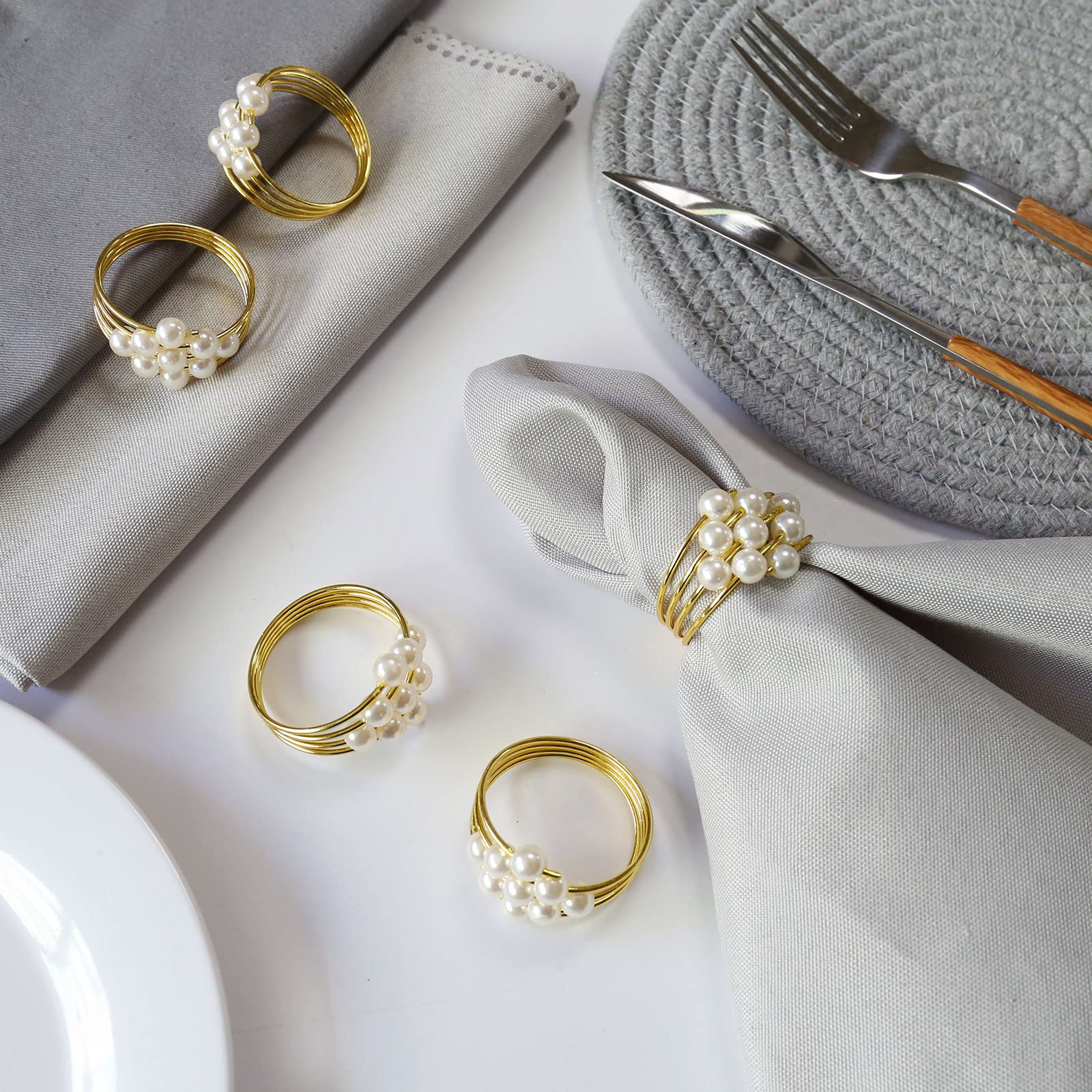 Thanksgiving Napkin Rings Set Of 12, Pearl Napkin Ring Holder For Tables, Holiday, Wedding Reception (Gold Pearls)