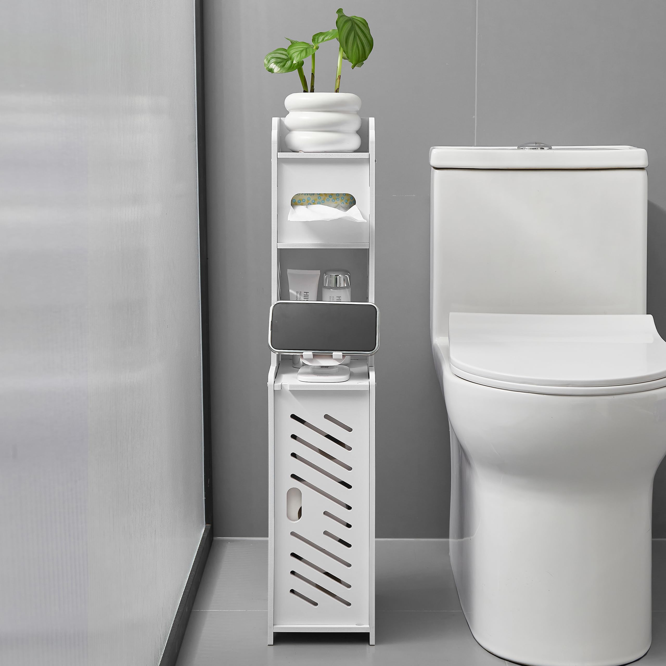 Doxo White Toilet Paper Holder Stand, Slim Bathroom Organizers And Storage Cabinet For Small Space (White)