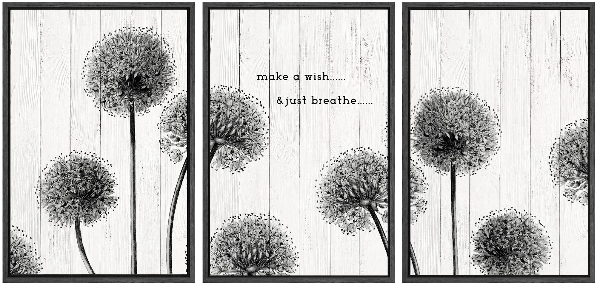 Signwin Framed Canvas Print Wall Art Set Wood Panel Style Dark Dandelion Flowers Nature Wilderness Illustrations Art Decorative
