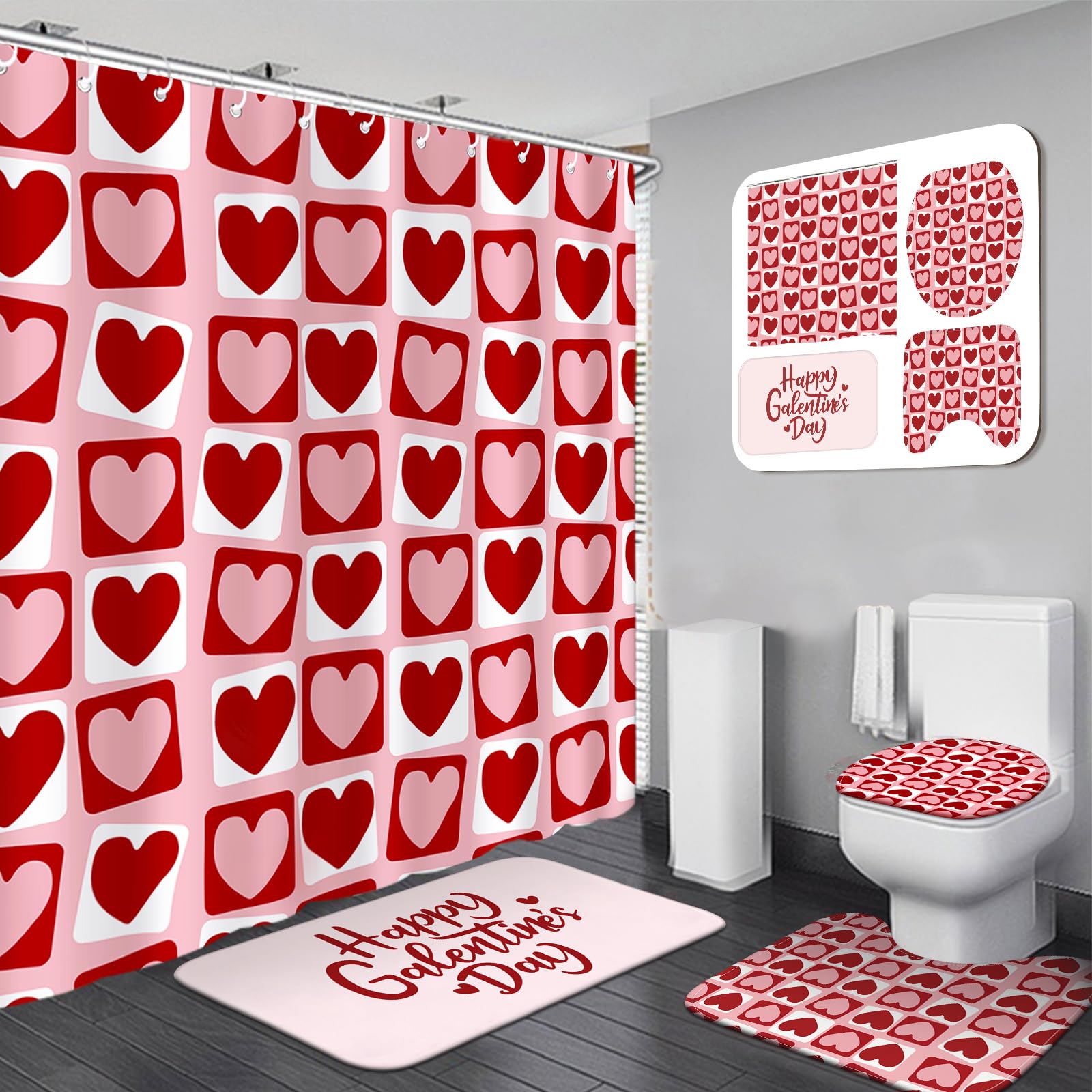 Drydiet 4 Pcs Galentine S Day Shower Curtain Set, Plaid Heart Curtain Happy GalentineS Day Non Slip Rugs Toilet Lid Cover U Sh