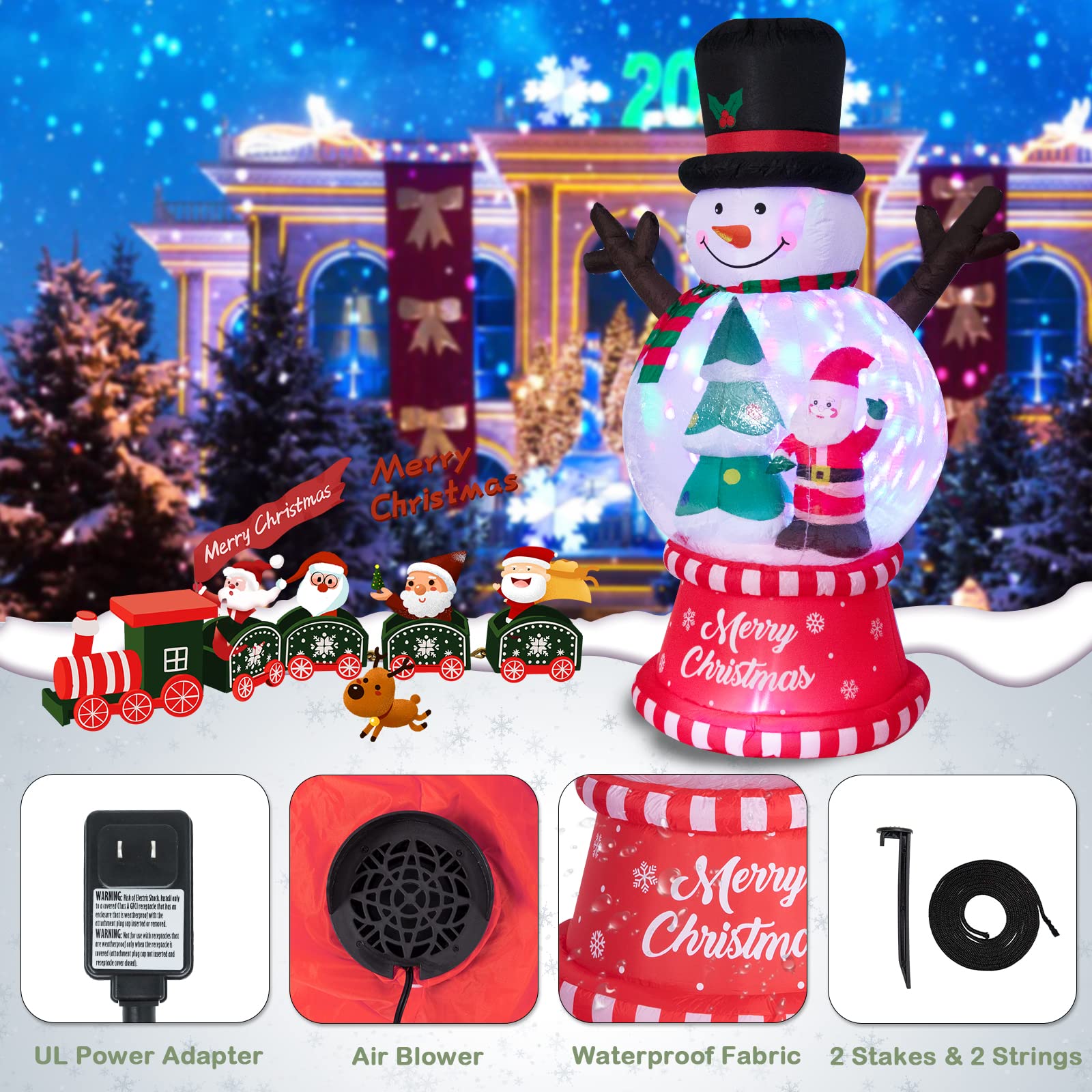 Risenor 8 FT Height Christmas Inflatables Snowman Globe with Christmas Tree and Santa Claus Outdoor Decorations, Inflatables Sno