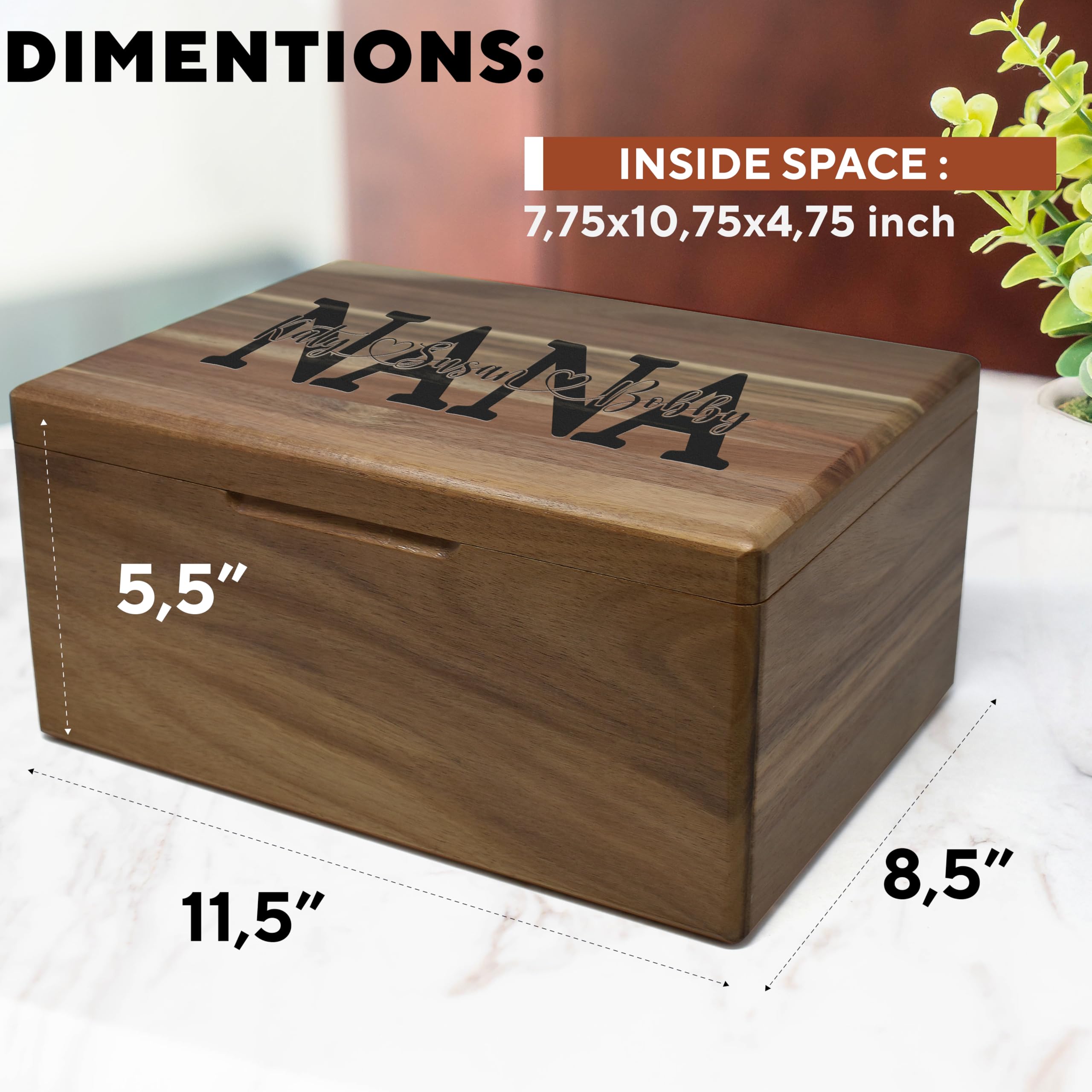 Gifts for Mom Birthday Unique - Wooden Keepsake Box with Names, Personalized Mothers Day Gifts from Son Acacia Wood Storage for