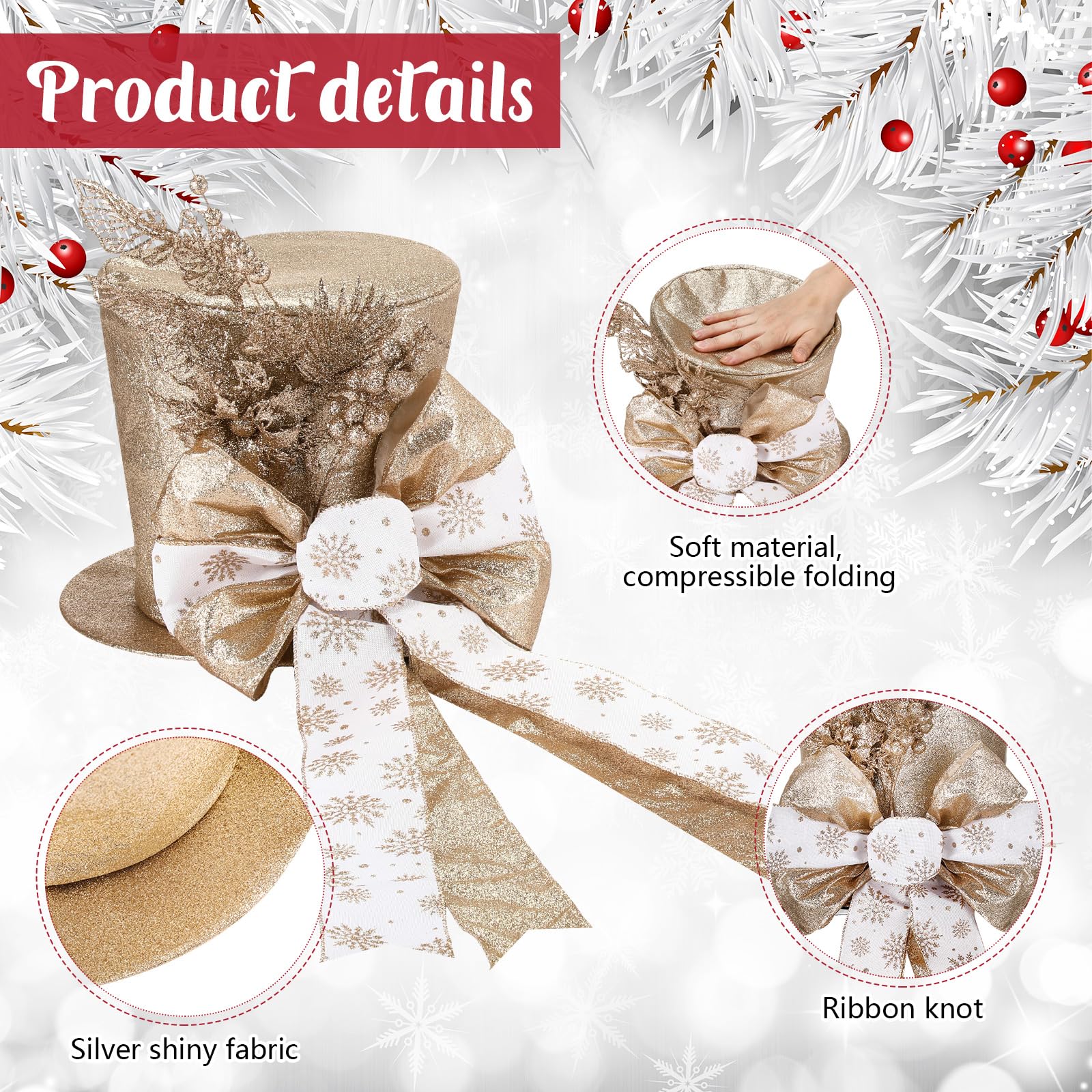 Poen Christmas Tree Topper Hat Shiny Sequins Top Hat with Bow Lengthened Ribbon Tree Topper Santa Christmas Decorations for Xmas