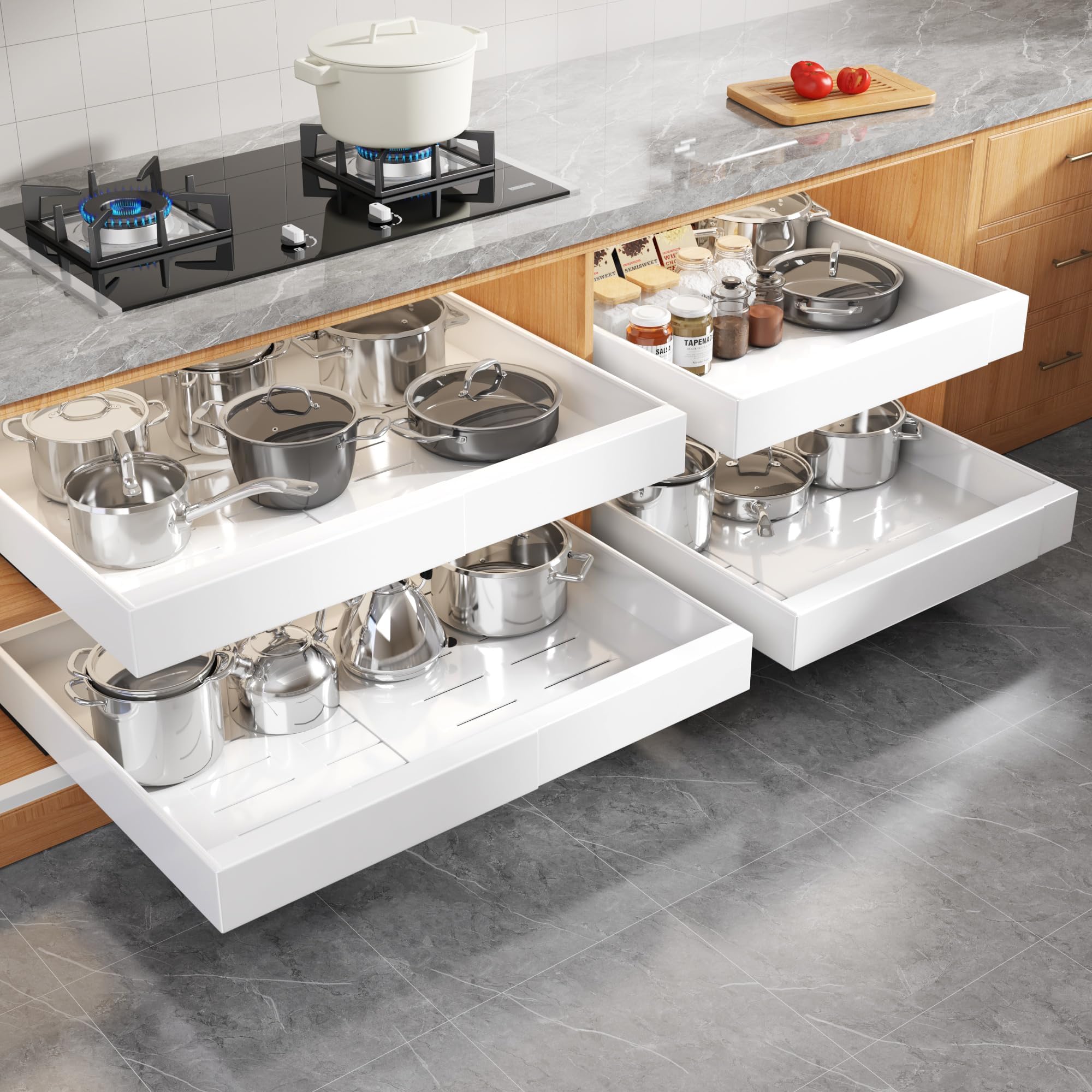 Seinloes 4 Pack Expandable Width (15.15-26.3) Pull Out Cabinet Organizer 21 Deep with Raising Pad for Framed Cabinets, Upgrade 3