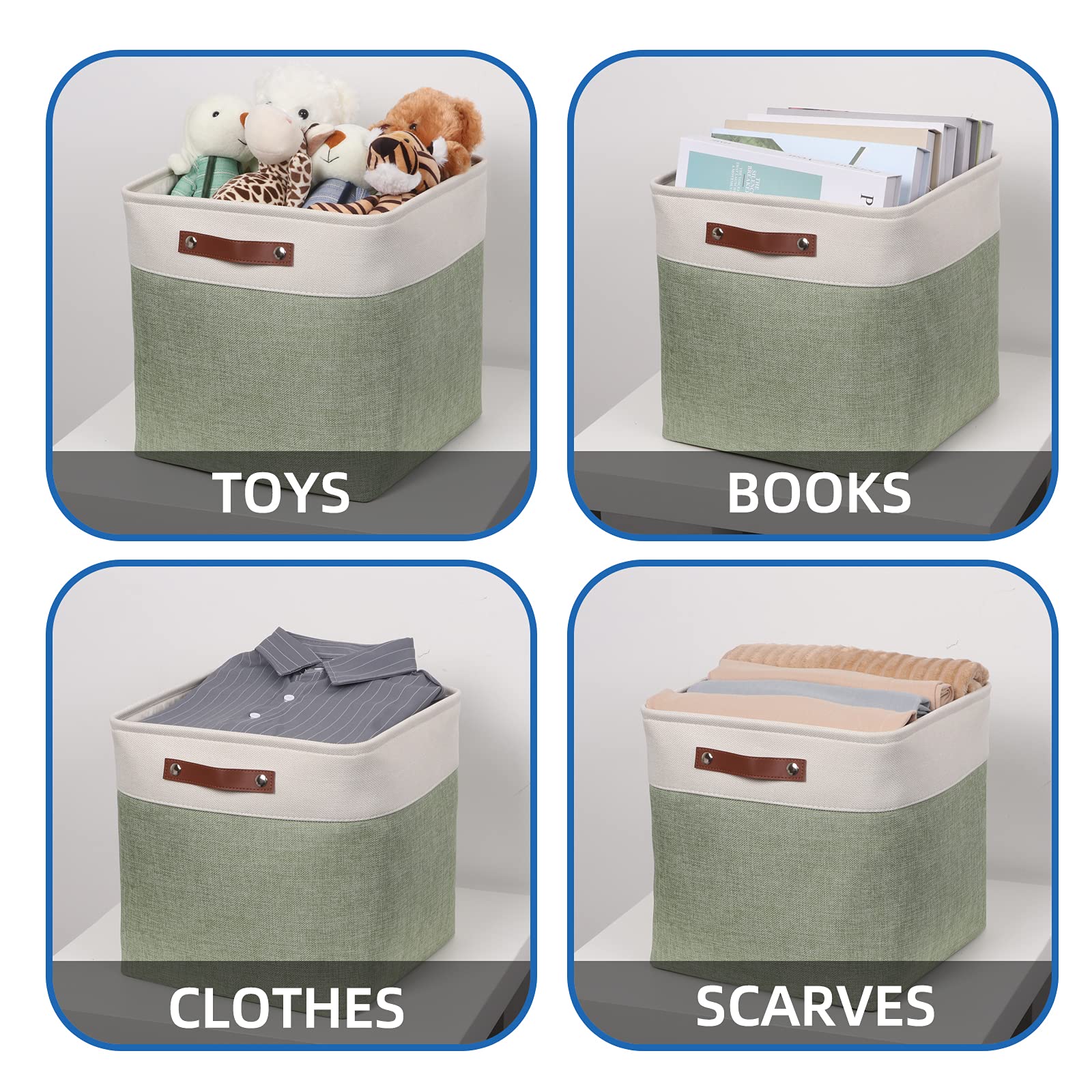 Temary Cube Storage Baskets for Shelves 4pack Fabric Storage Basket for Organizing Toys  Clothes  13 Inch Storage Cubes with Leather Handles  Closet Baskets Nursery Home (White&Green)