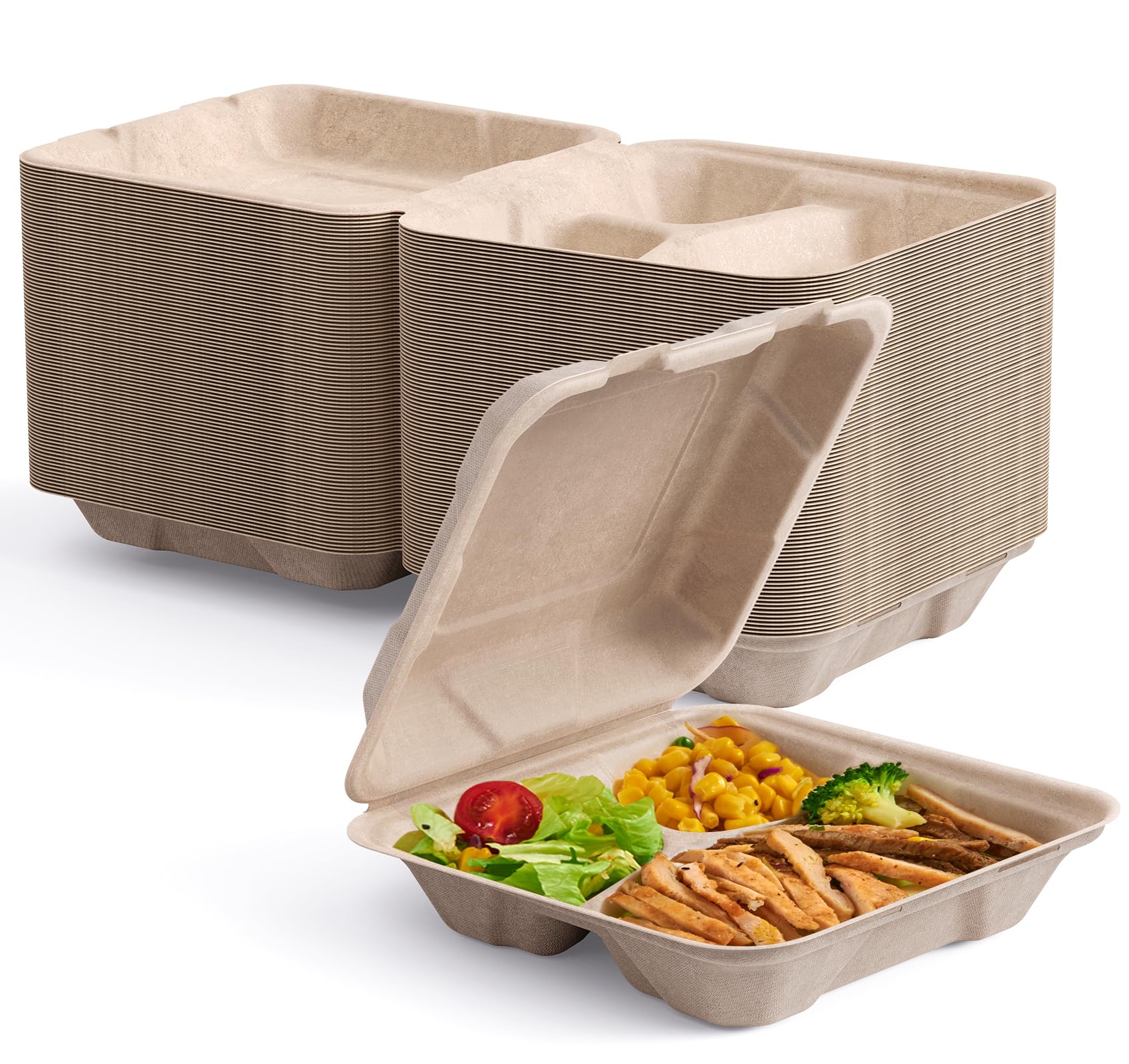 ECOLipak 50 Pack Clamshell Take Out Food Containers  100% Compostable Disposable To Go Containers  8X8 3-Compartment Heavy-Duty To Go Boxes Eco-Friendly Biodegradable To Go Containers For Food