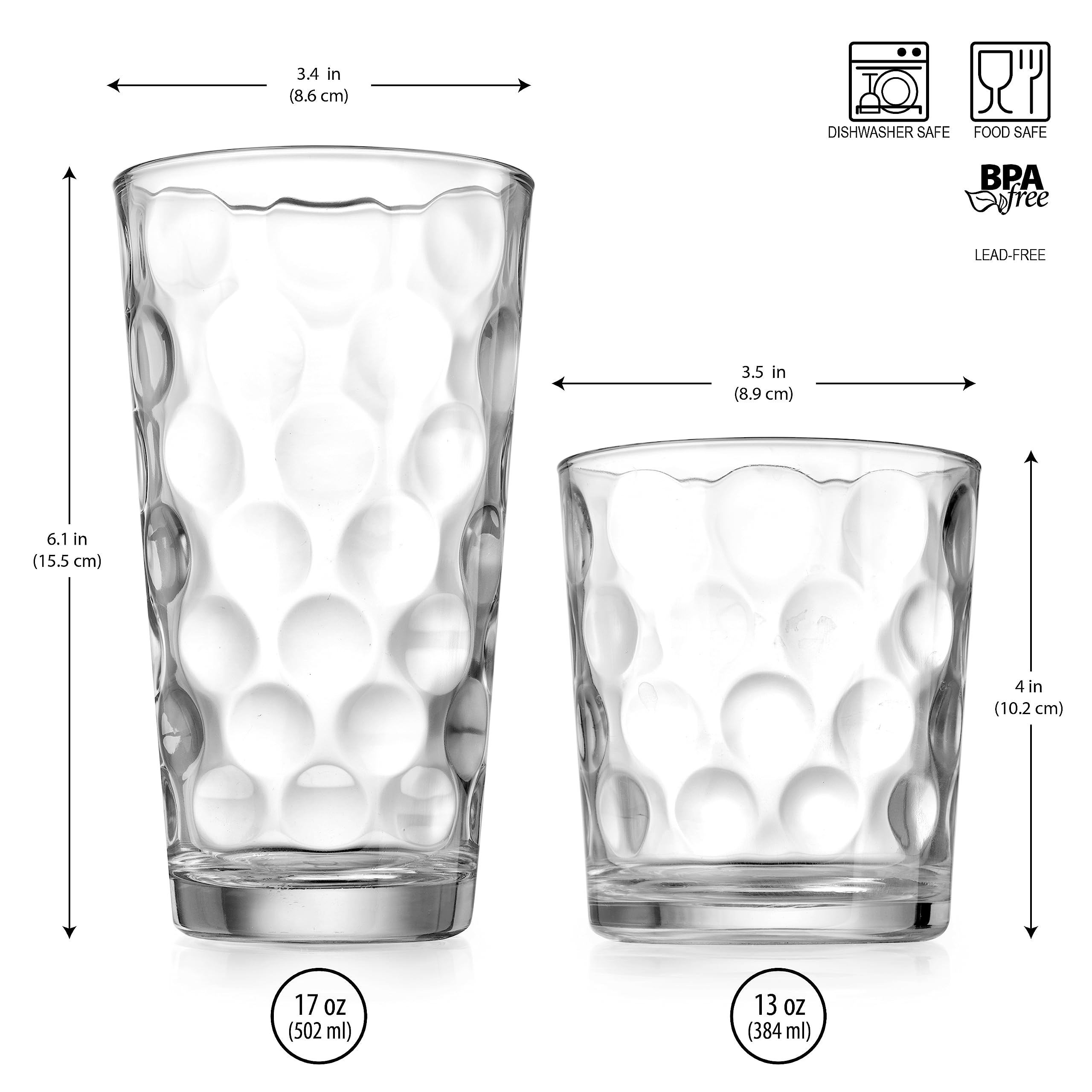 Drinking Glasses Set Of 16 - By Home Essentials & Beyond - 8 Highball Glasses(17 Oz.), 8 Rocks Glass Cups (13 Oz.), Inner Circul