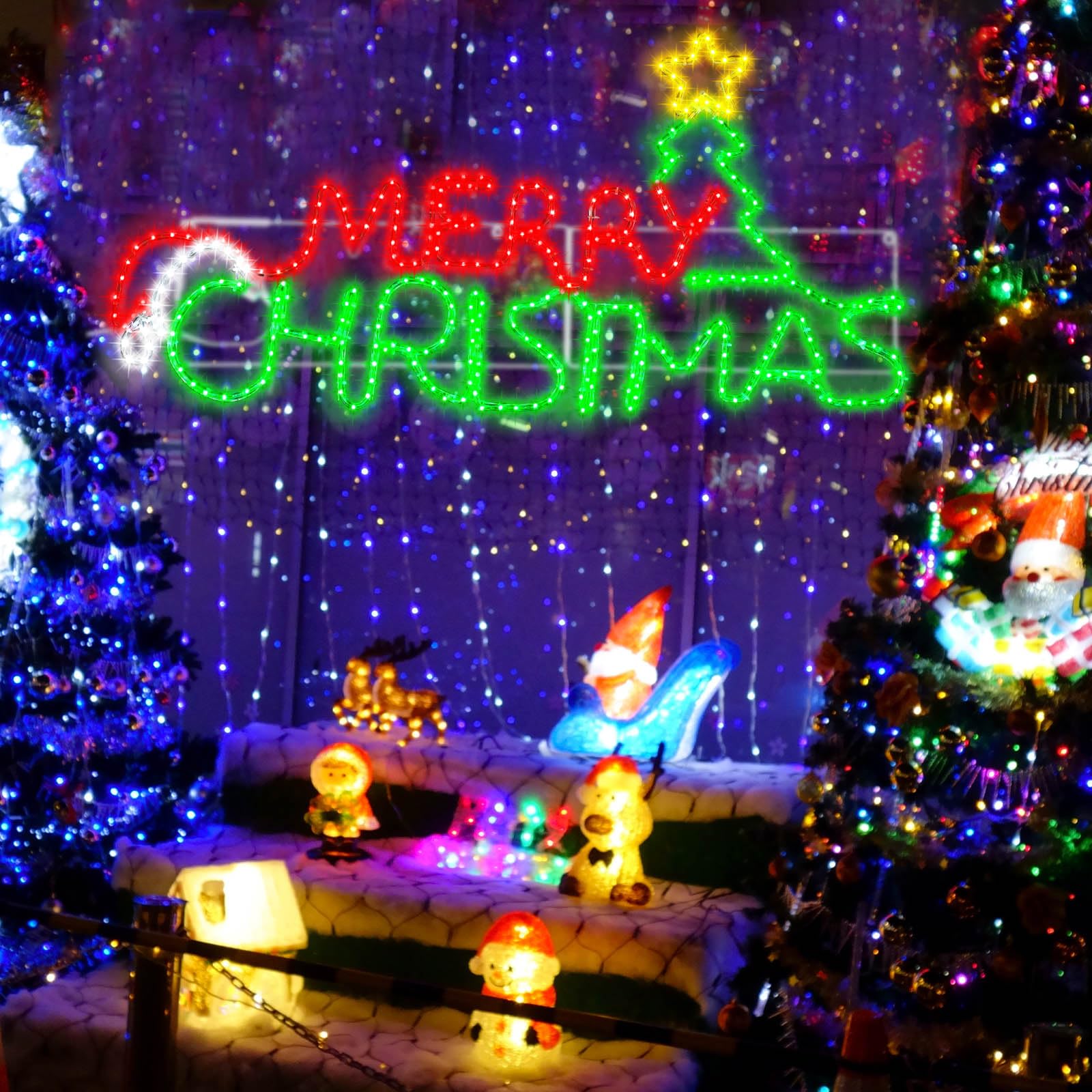 Rossesay Lighted Merry Christmas Sign Decoration Extra Large Green and Red LED Neon Pre Lit Display Outdoor Christmas Yard Decor