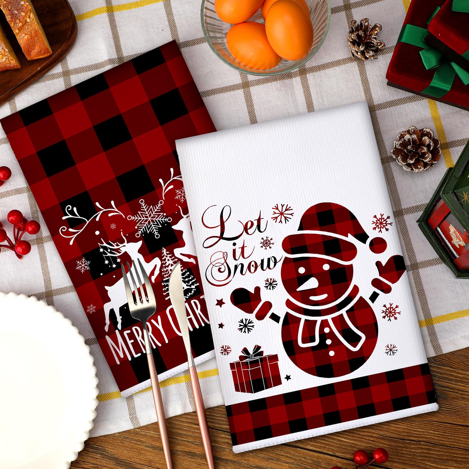 Sratte 6 Pcs Christmas Kitchen Towels Red Black Buffalo Plaid Tea Dishtowels Absorbent Winter Gnome Truck Snowman Bathroom Hand