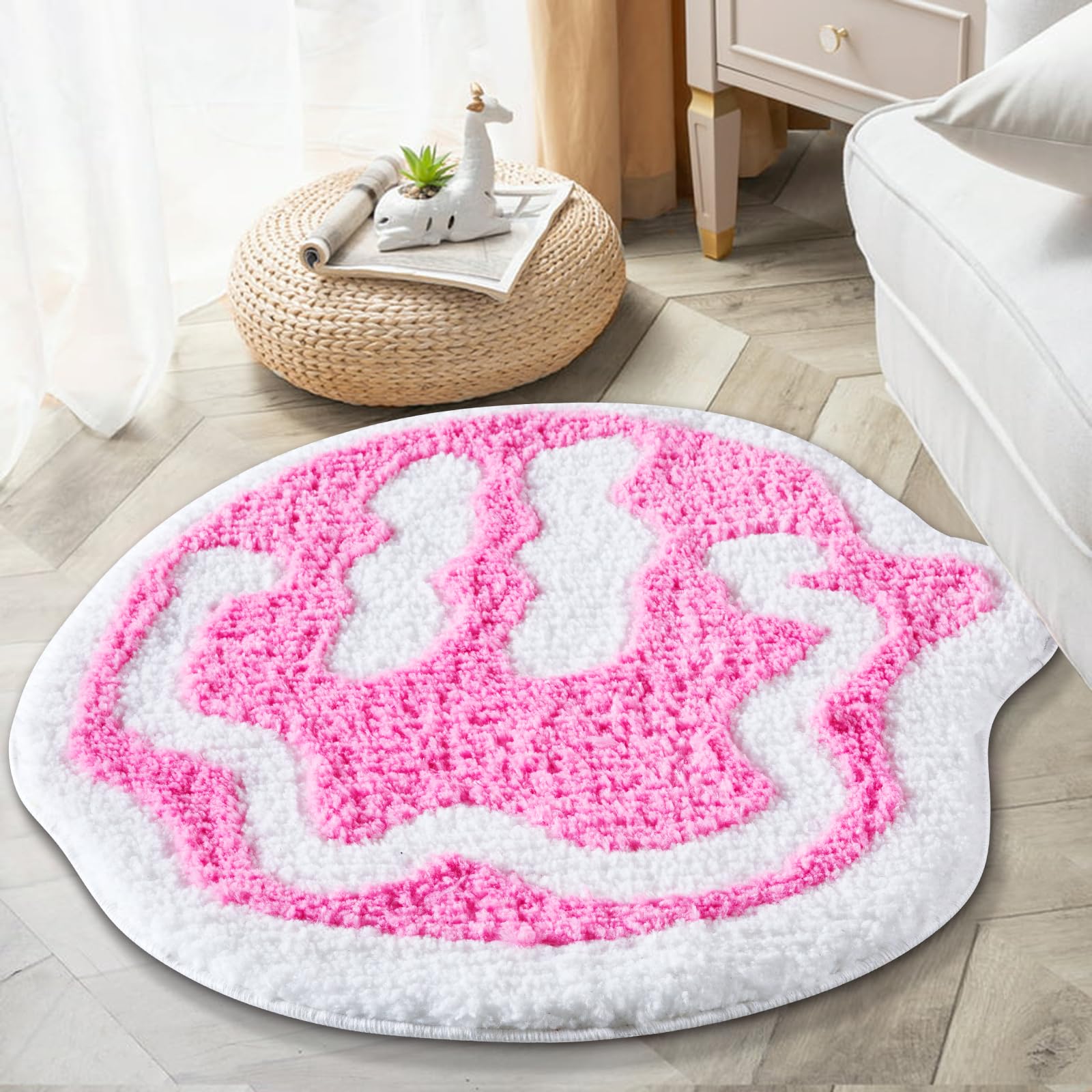 Estmy Cute Pink 3Ft Round Rug For Bathroom Bedroom Dorm Kitchen Non Slip Washable, Happy Face Boho Trippy Aesthetic Funky Hippie
