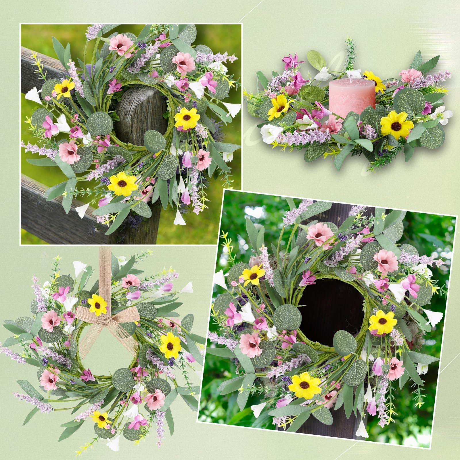 12 Pcs Spring Summer Artificial Flowered Wreath Mini Floral Wedding Candle Rings Wreaths Pillar Candle Holder for Wedding Spring