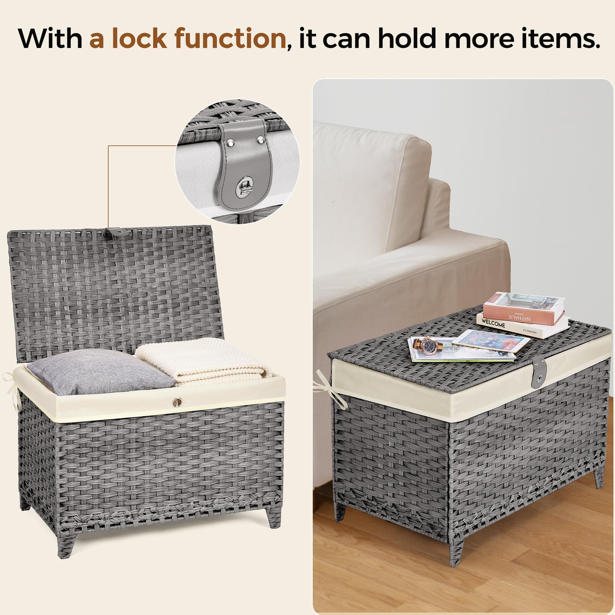 Honjourai Wicker Storage Basket With Lid,Rattan Shelf Basket With Removable Liner Bag,160L Storage Bin,Storage Trunk With Height