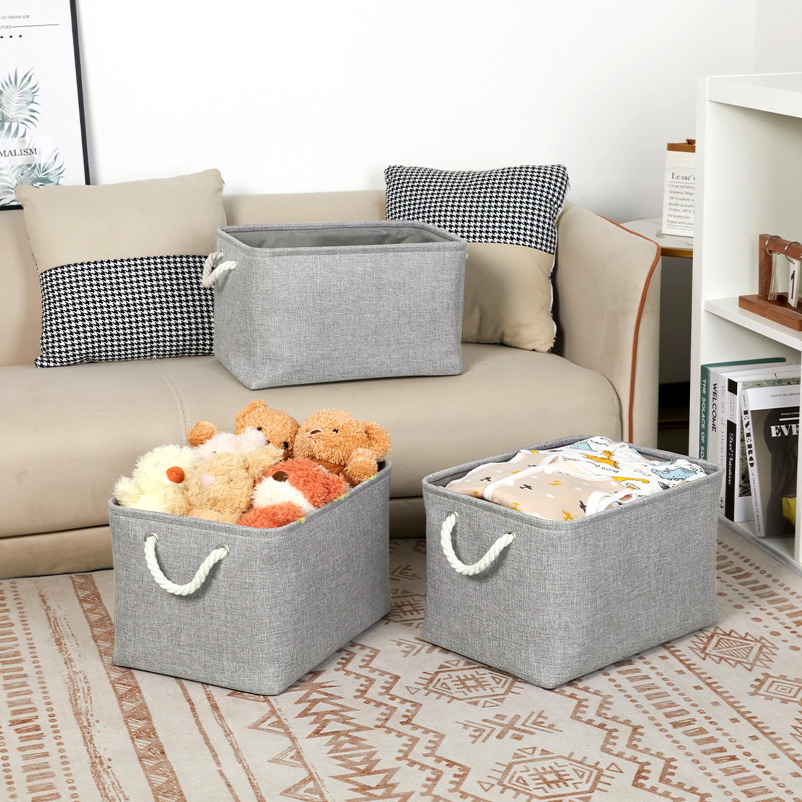 Bidtakay Storage Baskets Gray 3 Pack Shelf Baskets Collapsible Storage Bins For Clothes 15X11X9.5Inch Decorative Baskets With Ha