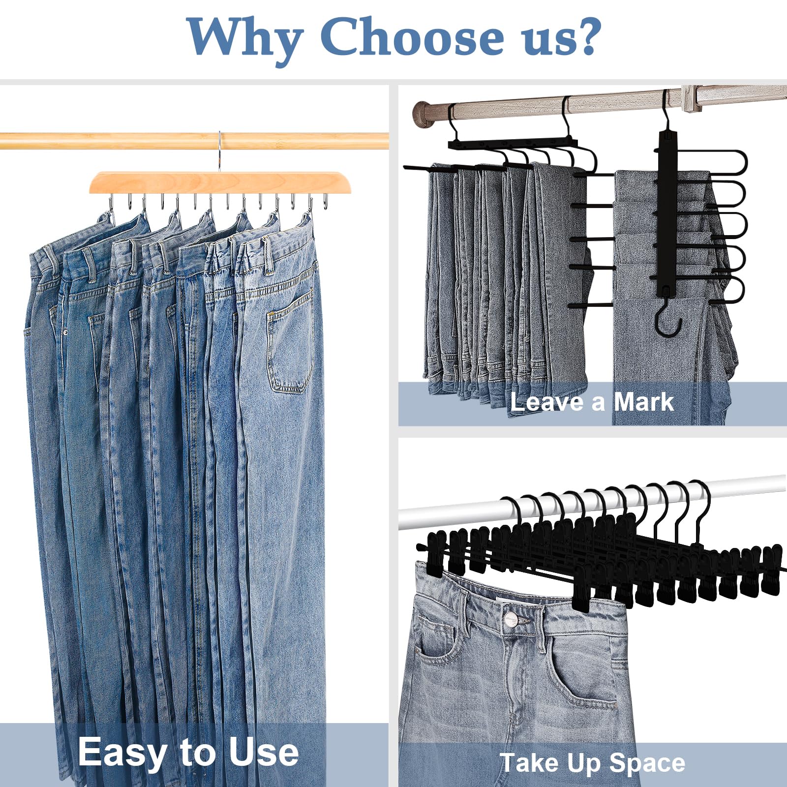 Jean Hangers For Closet, 14 Wood Jeans Hooks Space Saving, 180 Rotating Jean Hangers Holder For Jeans/Skirts/Shorts/Belts/Ties,