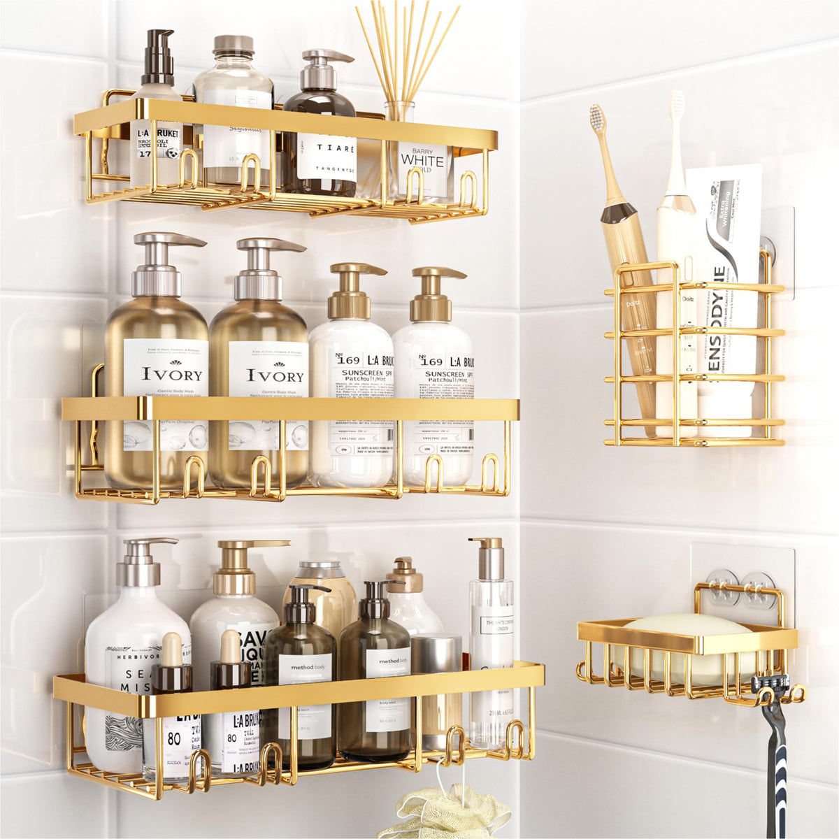 Liuoud 5 Pack Shower Caddy Organizer Rack Shelf For Inside Shower, Self Adhesive Wall Storage Basket Rustproof Stainless Steel S