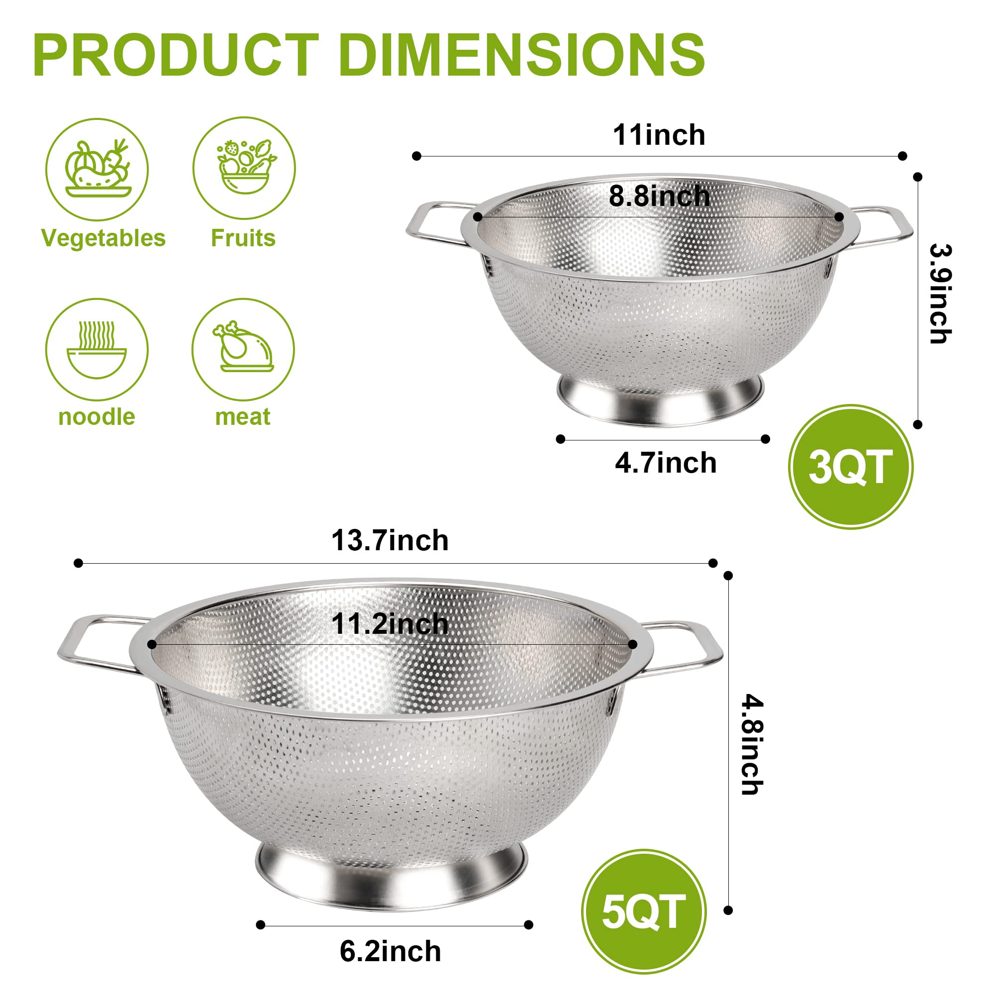 Gulex Colander Stainless Steel 3-Quart, Strainer For Kitchen Food, Dishwasher Safe