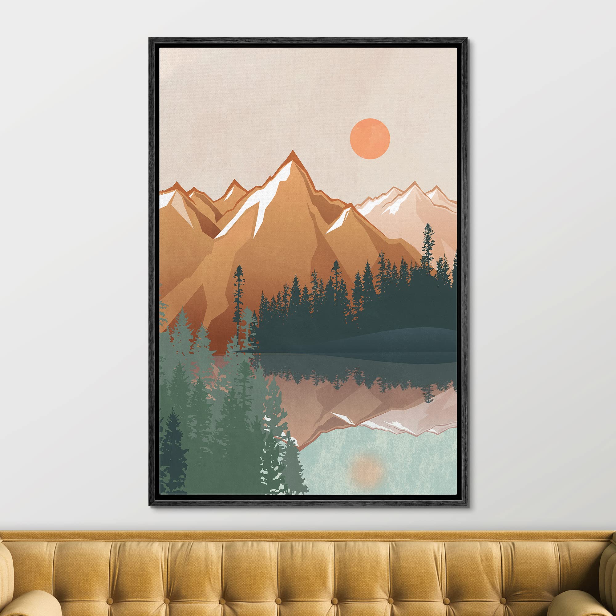 Signford Framed Canvas Print Wall Art Pastel Sunset Mountain Forest Lake Nature Wilderness Illustrations Modern Art Decorative R