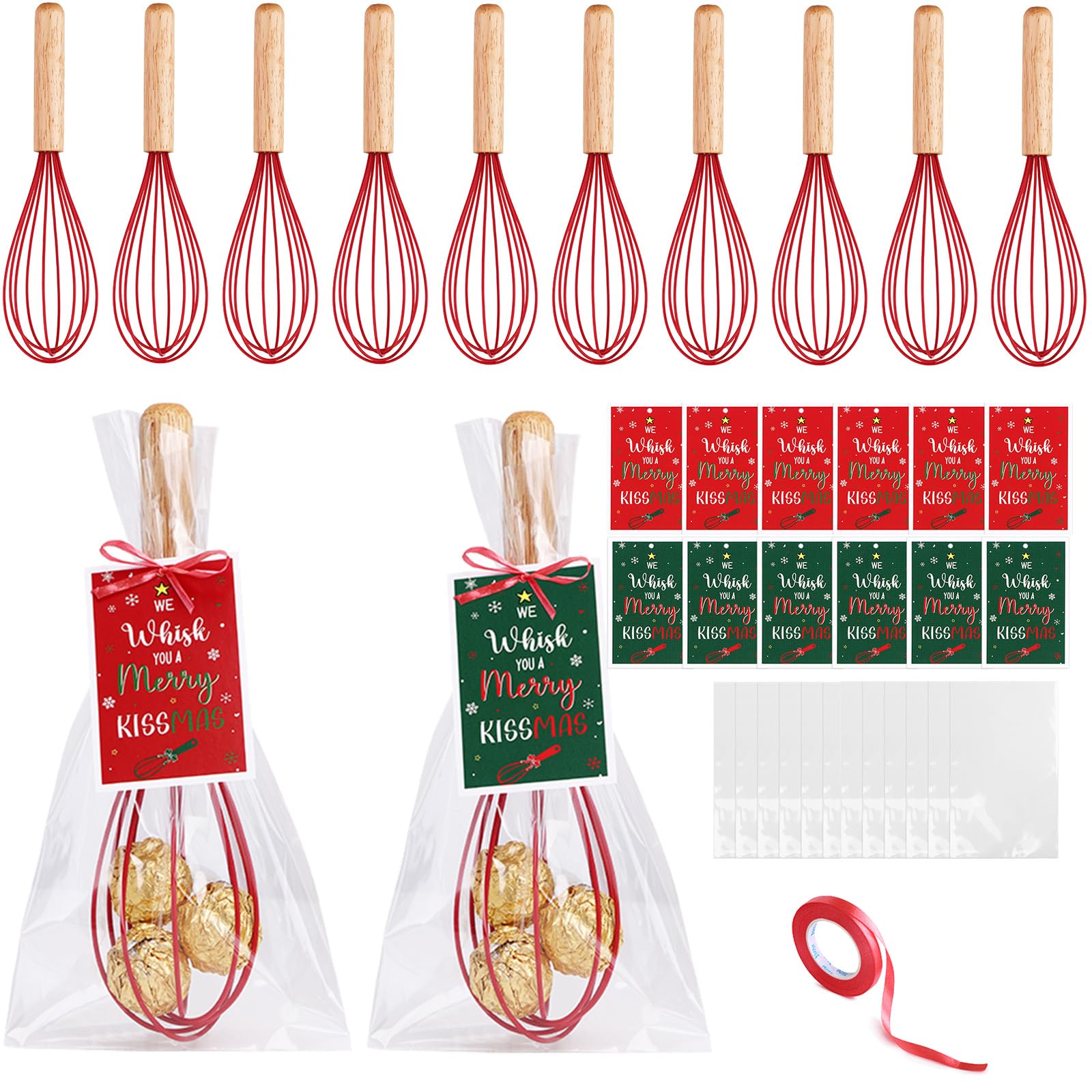 12 Sets Christmas Whisk Baking Gifts 10 Inch Wooden Whisk Greeting Cards Ribbon And Plastic Bags For Coworker Neighbor Family Gi